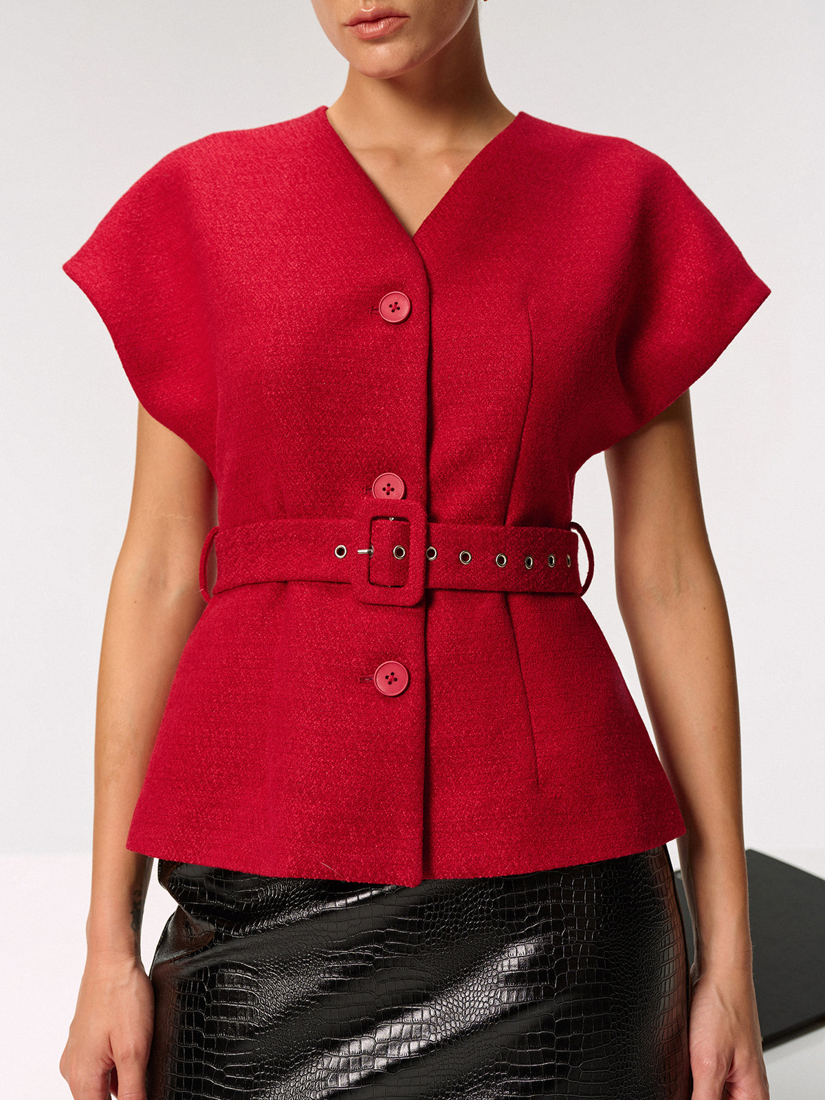 Tweedweste mit Gürtel und kurzen Ärmeln