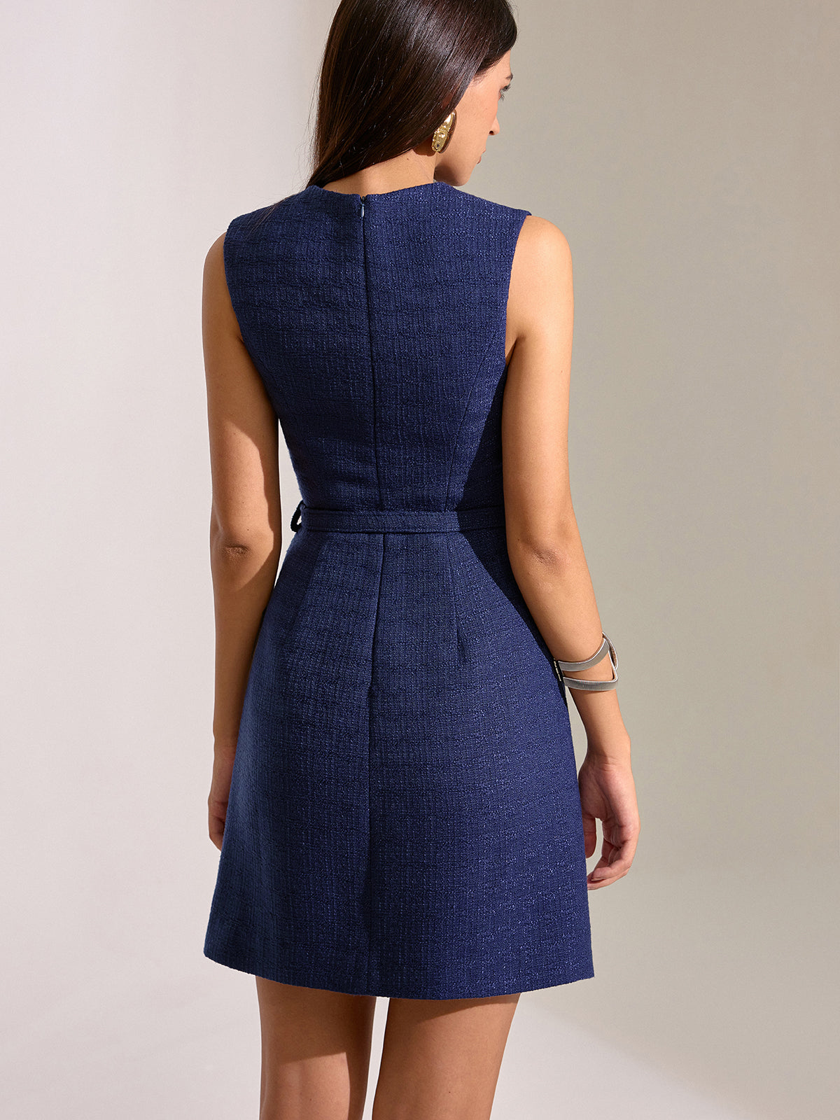 Belted Pleated Lace Mini Dress