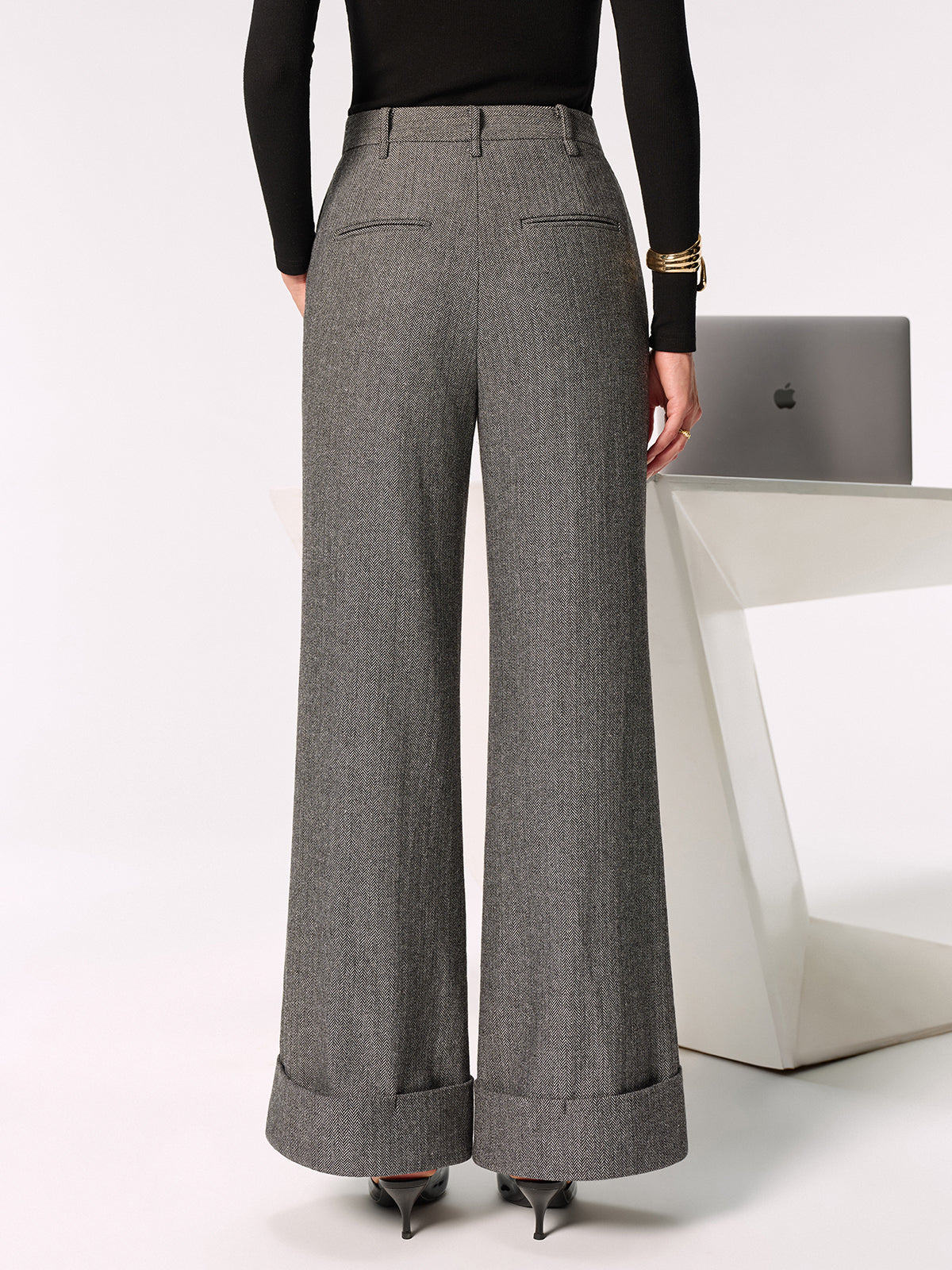 Pantalon large à revers, taille mi-haute