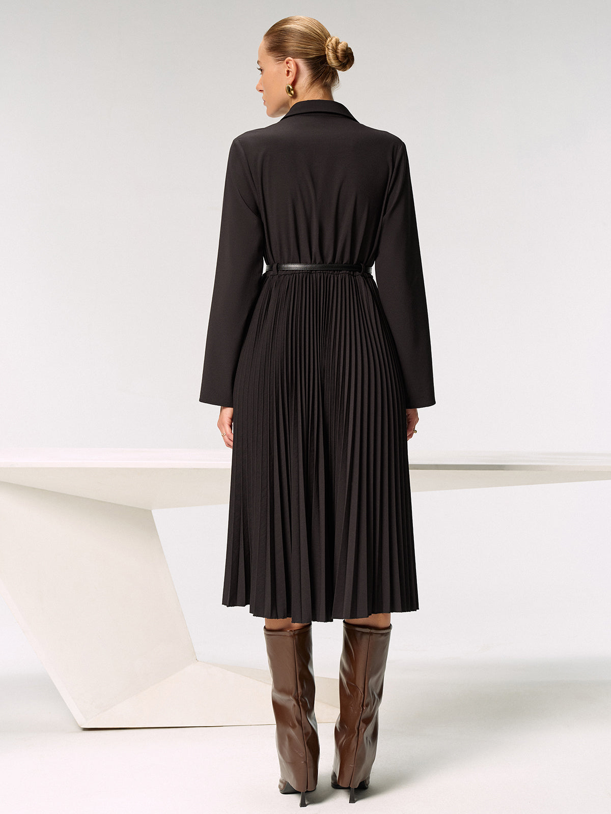 Metal Button Belted Pleated Shirt Dress