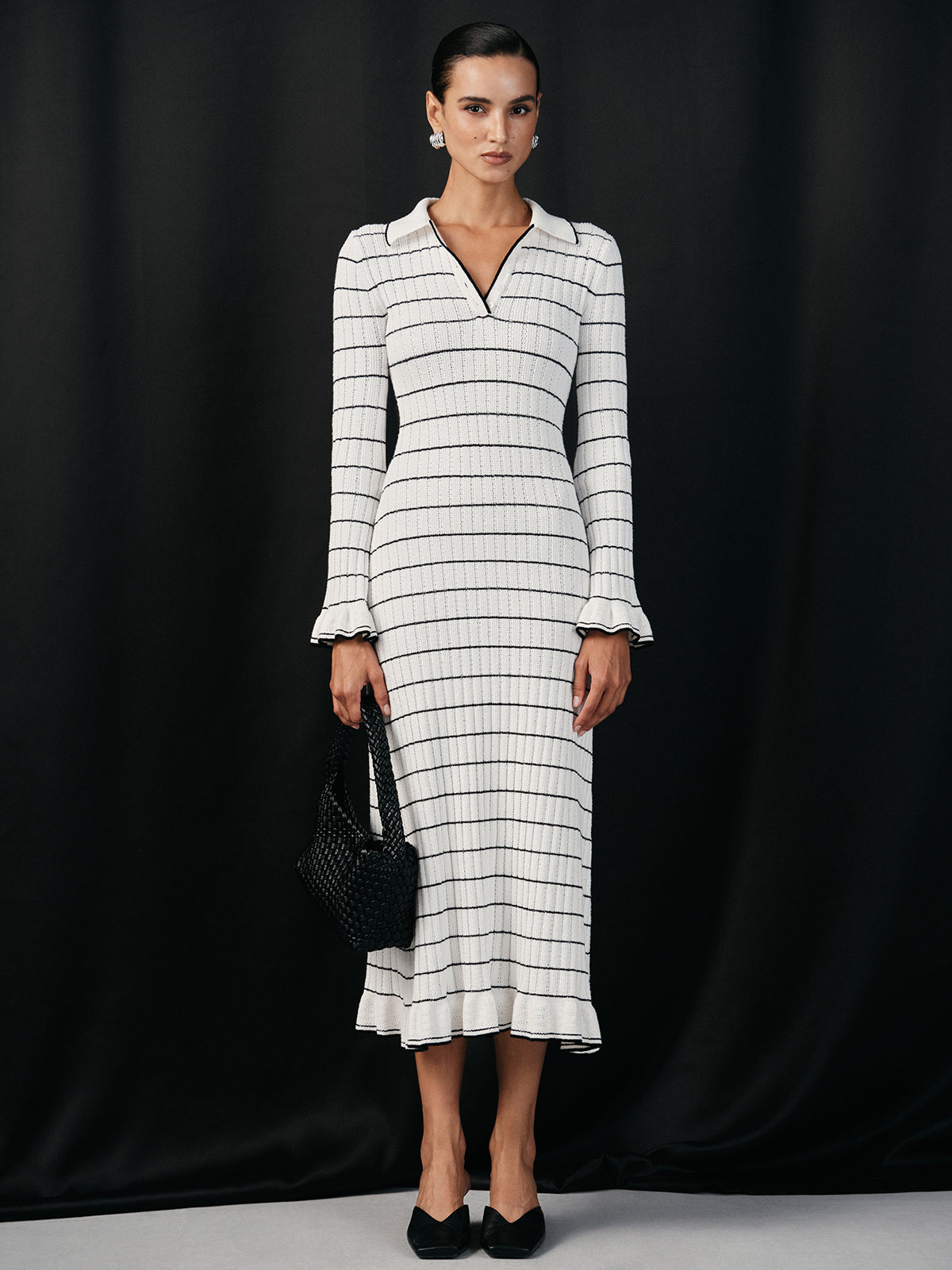 Robe mi-longue en maille extensible à rayures marinière