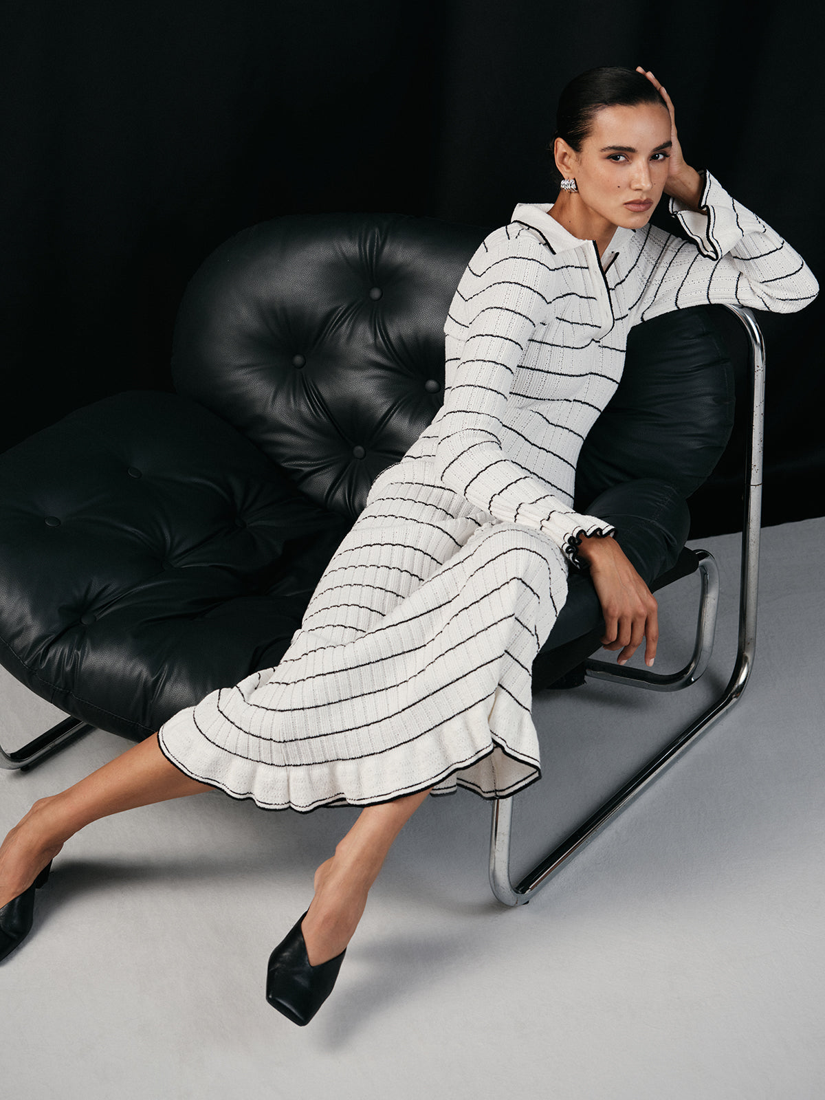 Robe mi-longue en maille extensible à rayures marinière