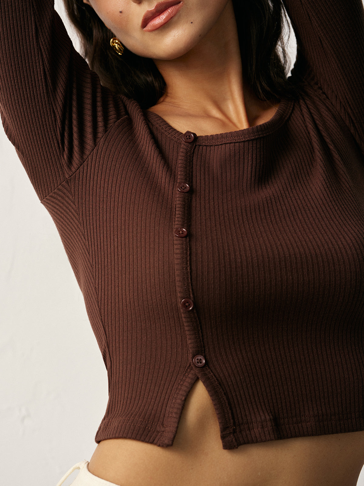 Asymmetric Button Detail Ribbed T-Shirt