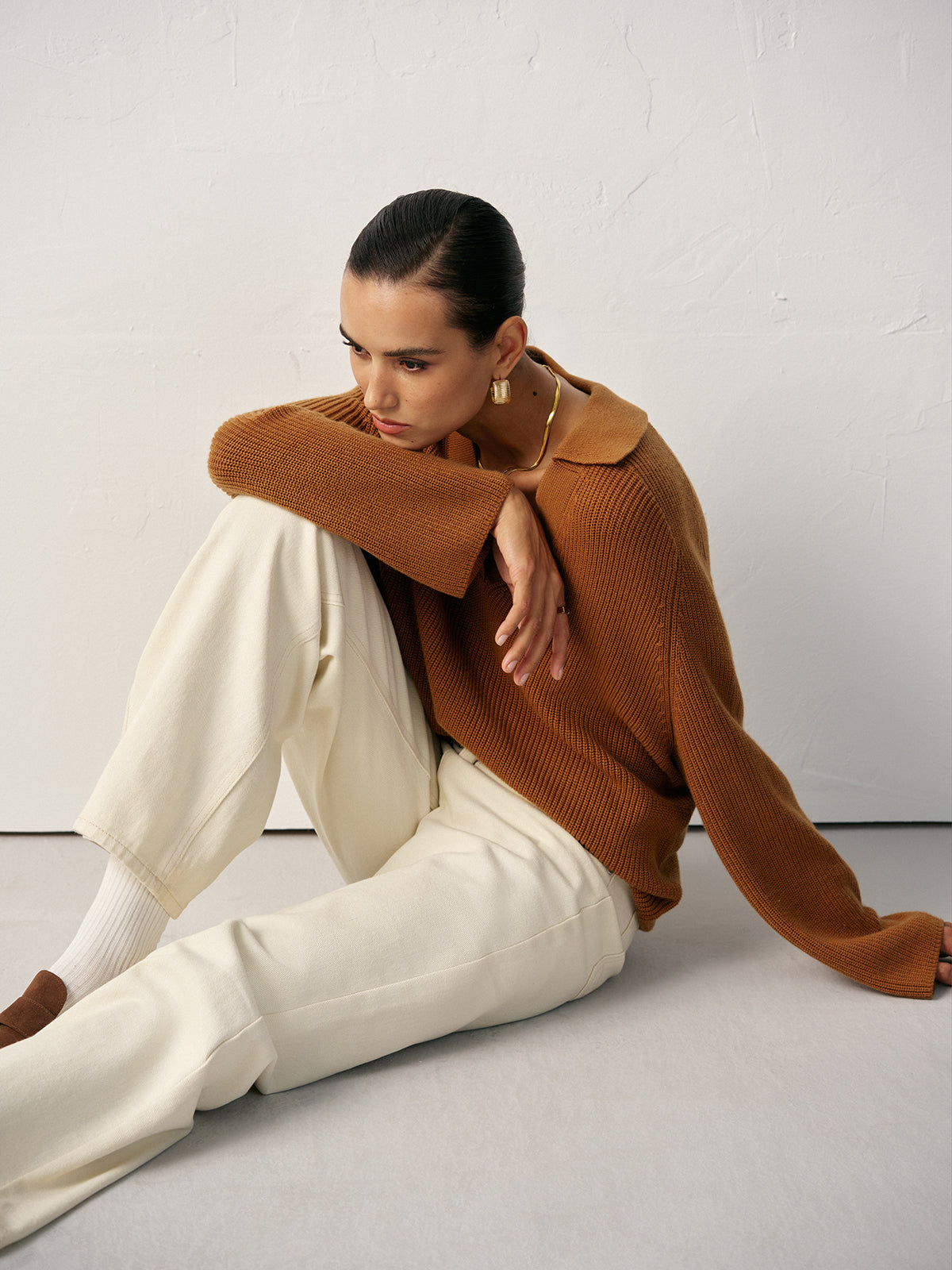 Wool Blend Polo Collar V-Neck Sweater