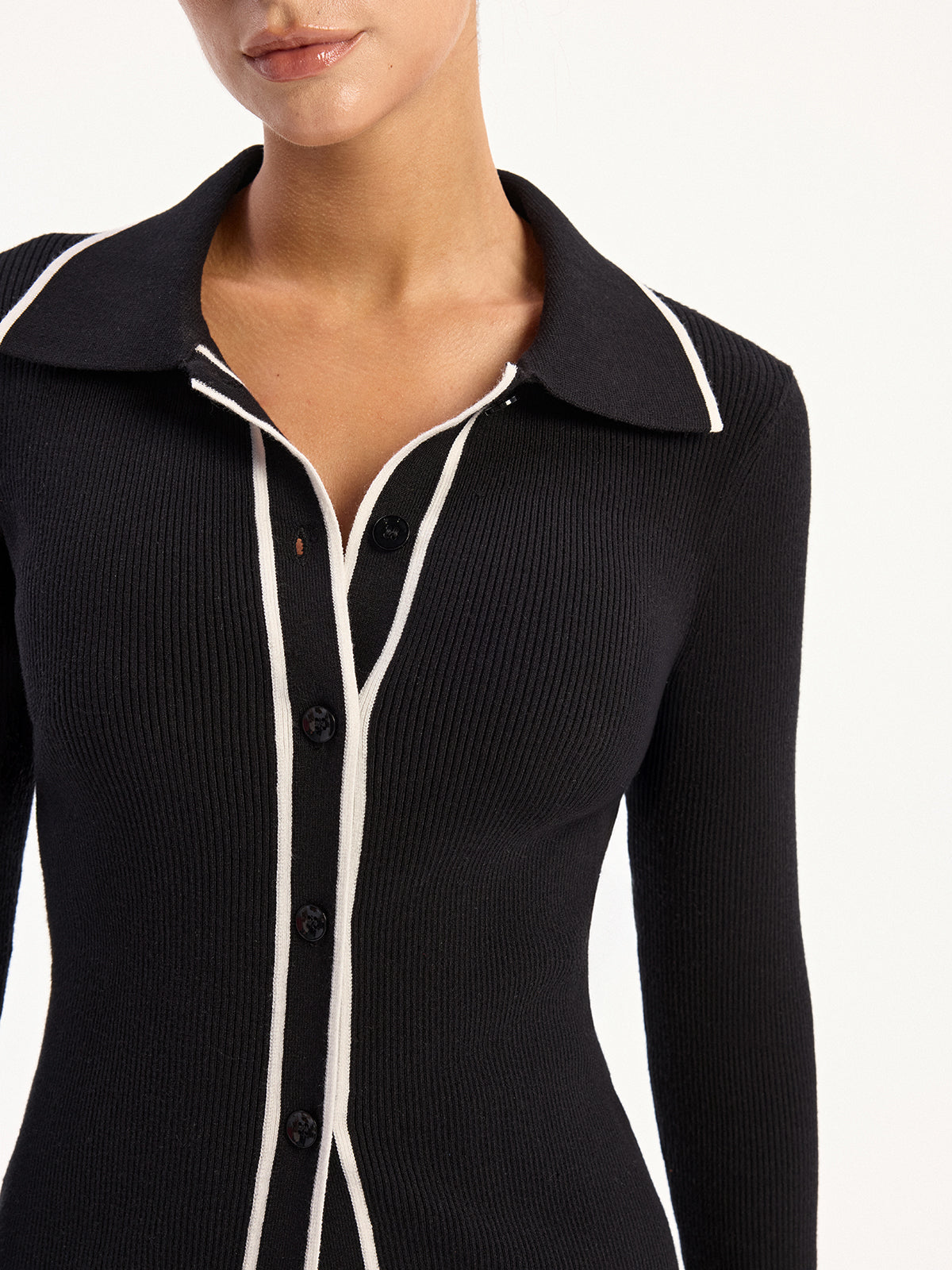 Contrast-Trim Polo Collar Knit Cardigan