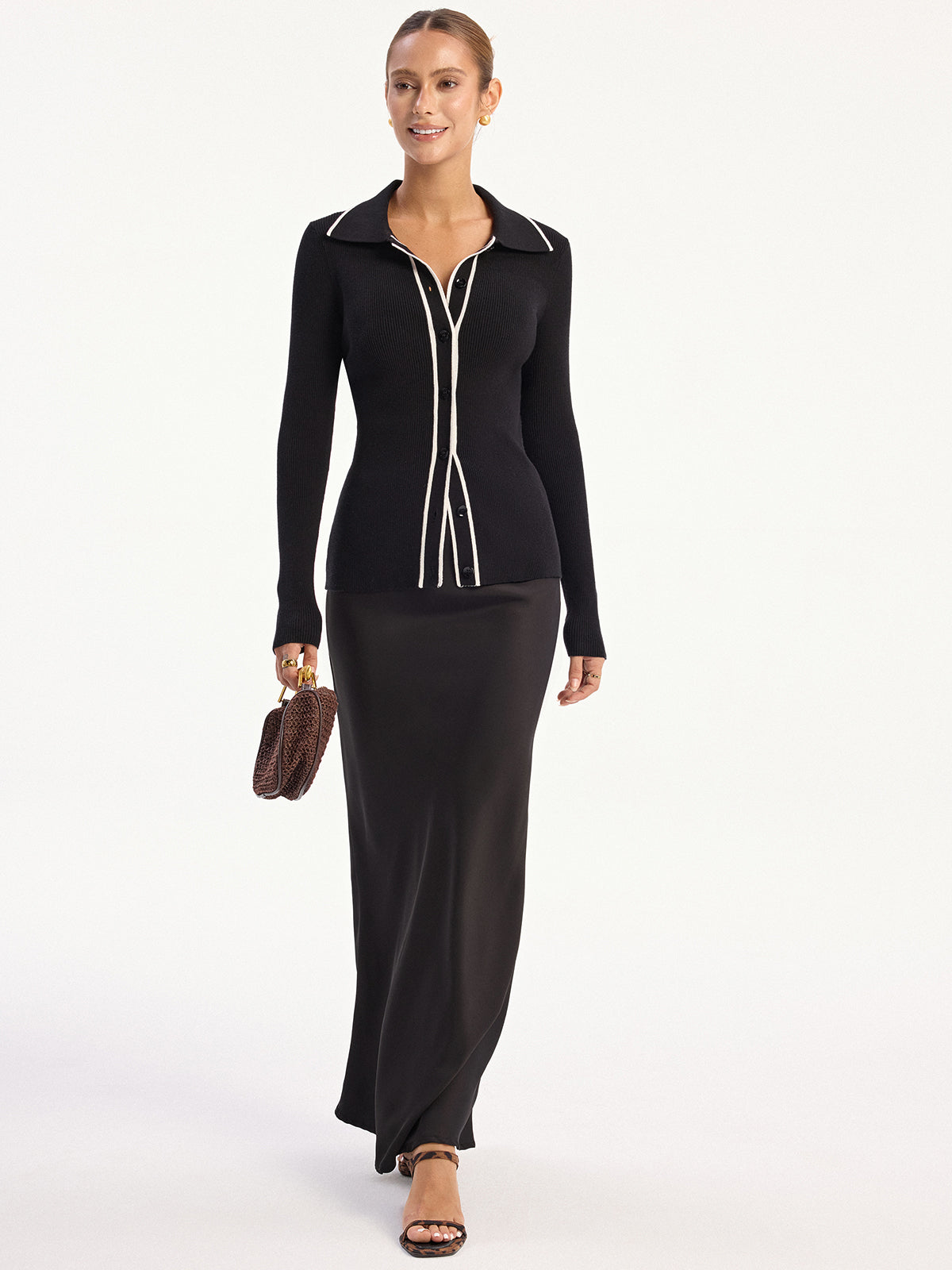 Contrast-Trim Polo Collar Knit Cardigan