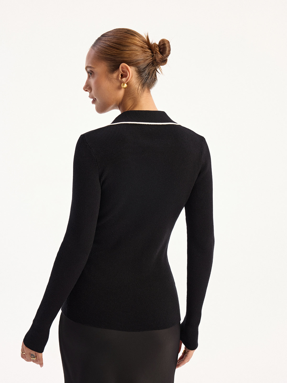 Contrast-Trim Polo Collar Knit Cardigan