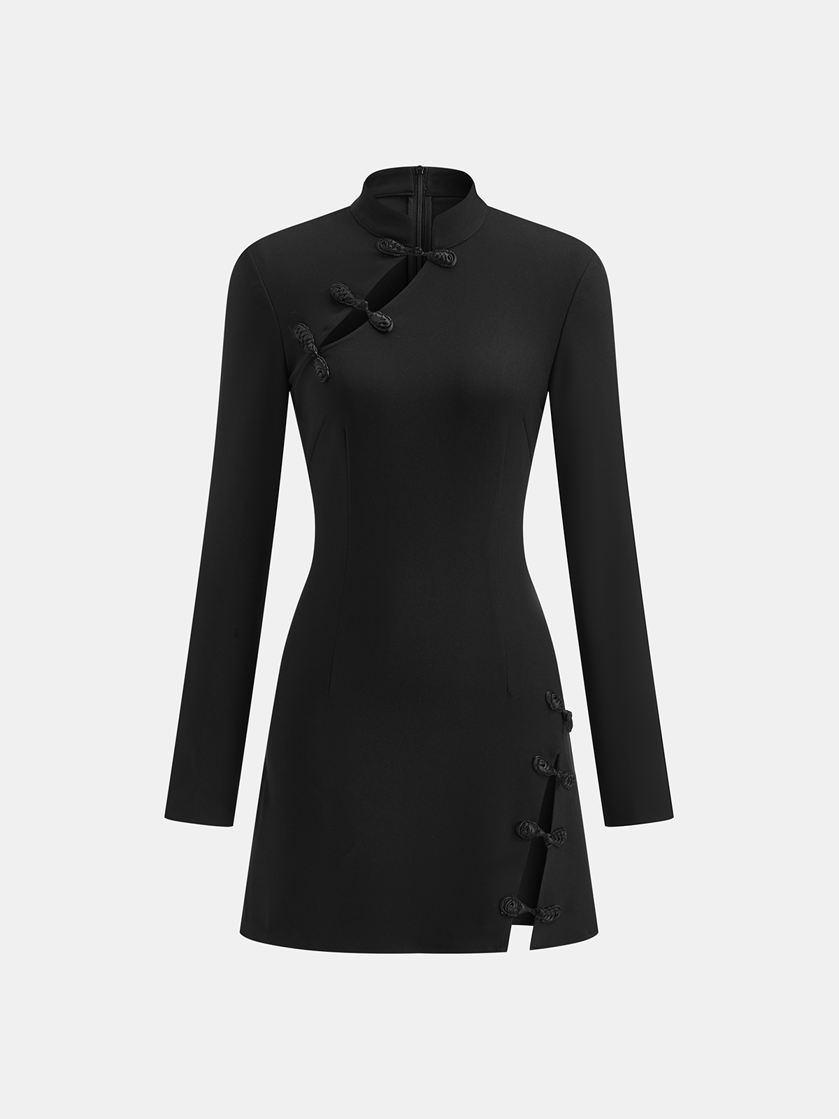 Stand Collar Long Sleeve Knot Button Side Slit Dress
