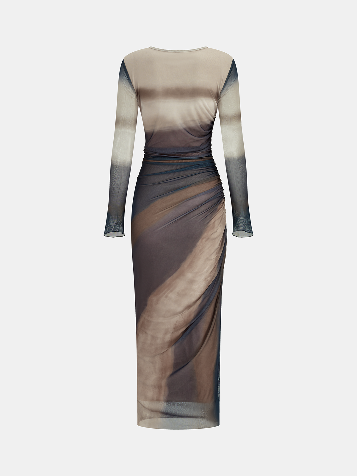 Ombre Long Sleeve Ruched Mesh Maxi Dress