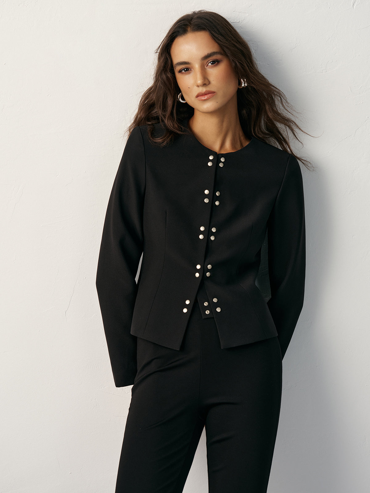 Round Neck Double-Breasted Blazer