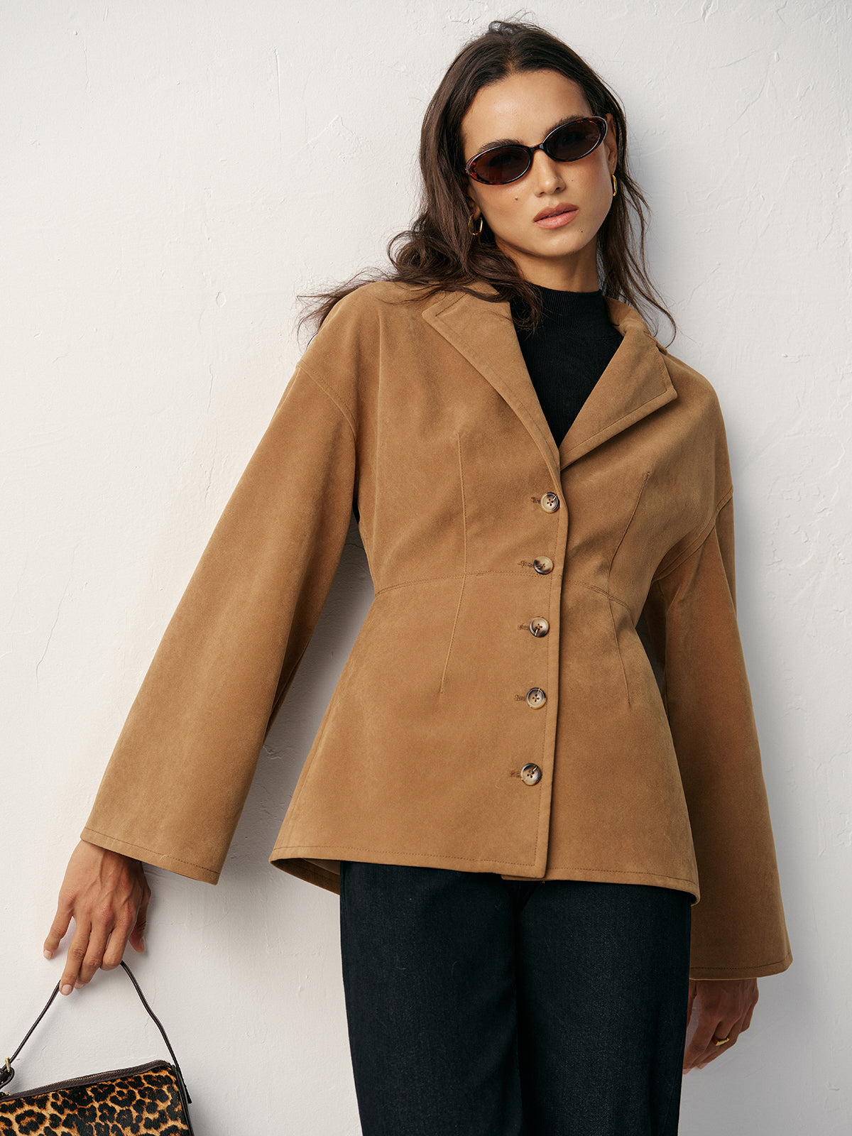 Flared Sleeve Suede Effect Blazer