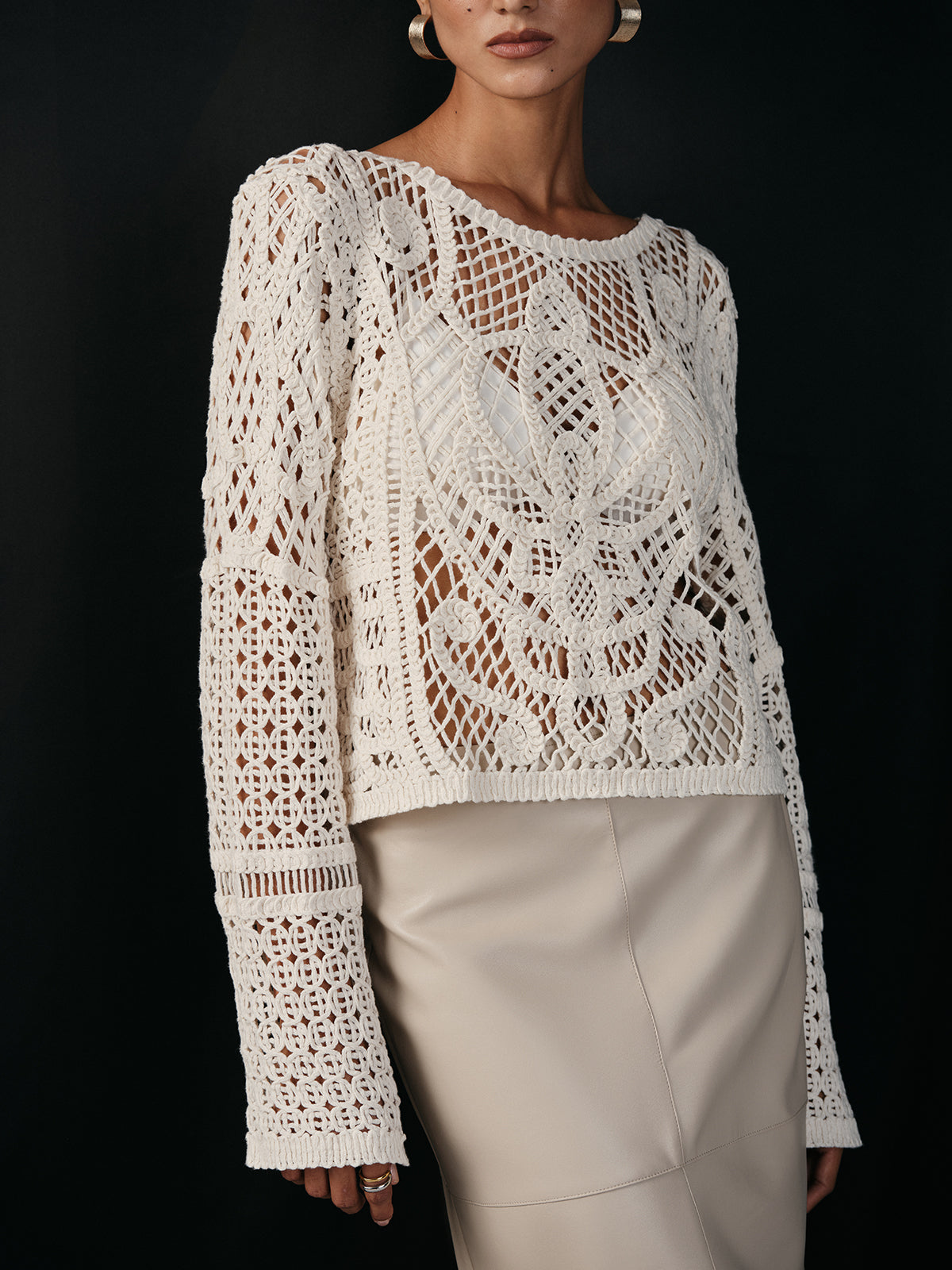 Cotton Crochet Long Sleeve Knit Top