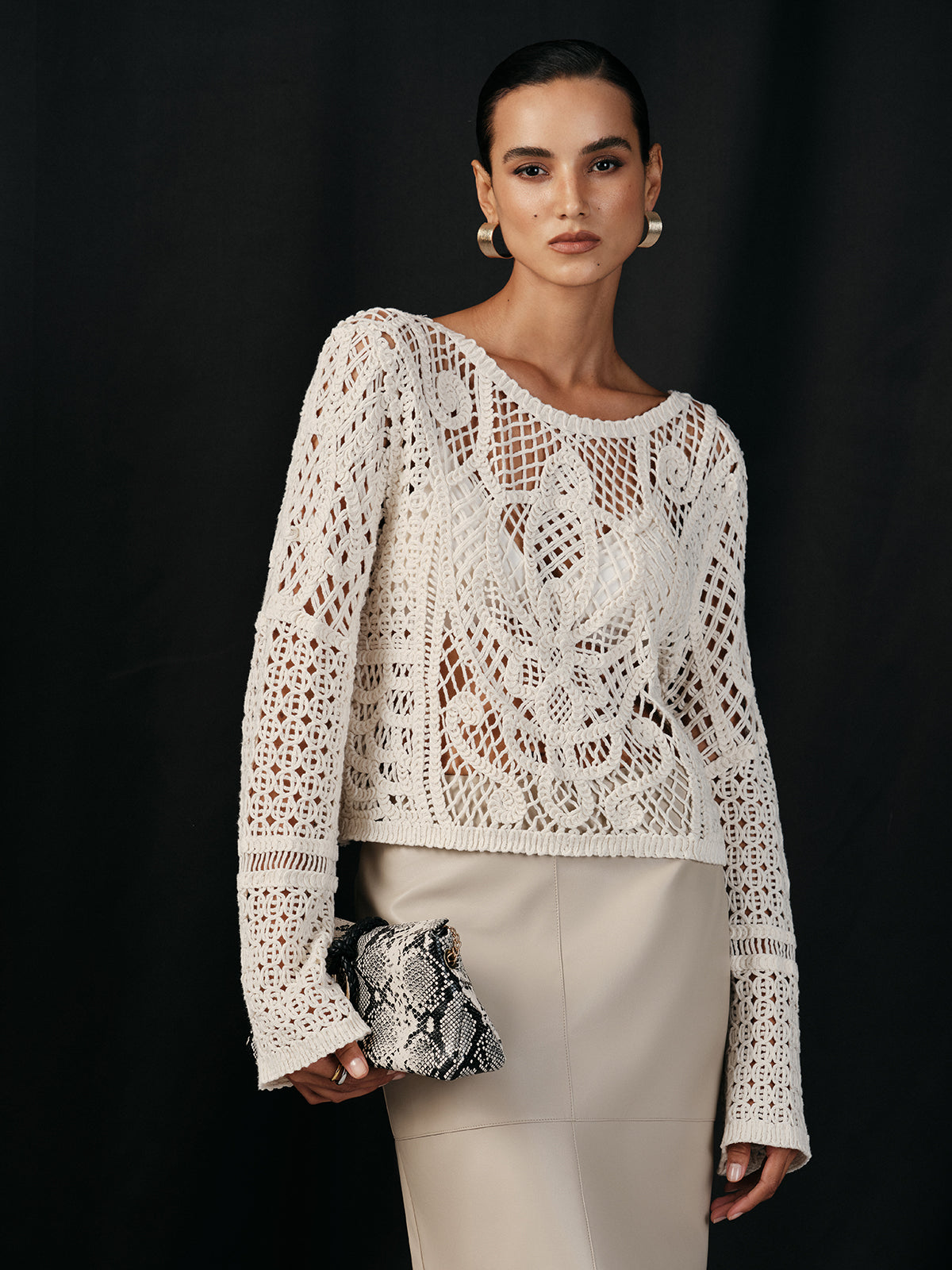 Cotton Crochet Long Sleeve Knit Top