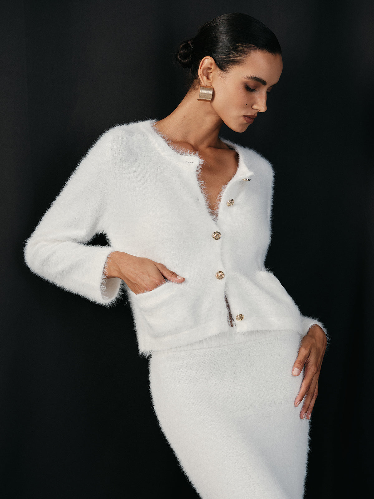 Fluffy Metal Button Cardigan and Skirt Set