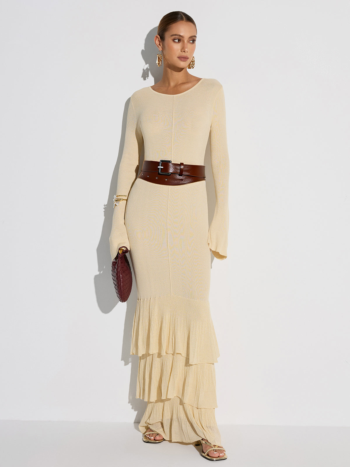 Robe longue en tricot à volants étagés