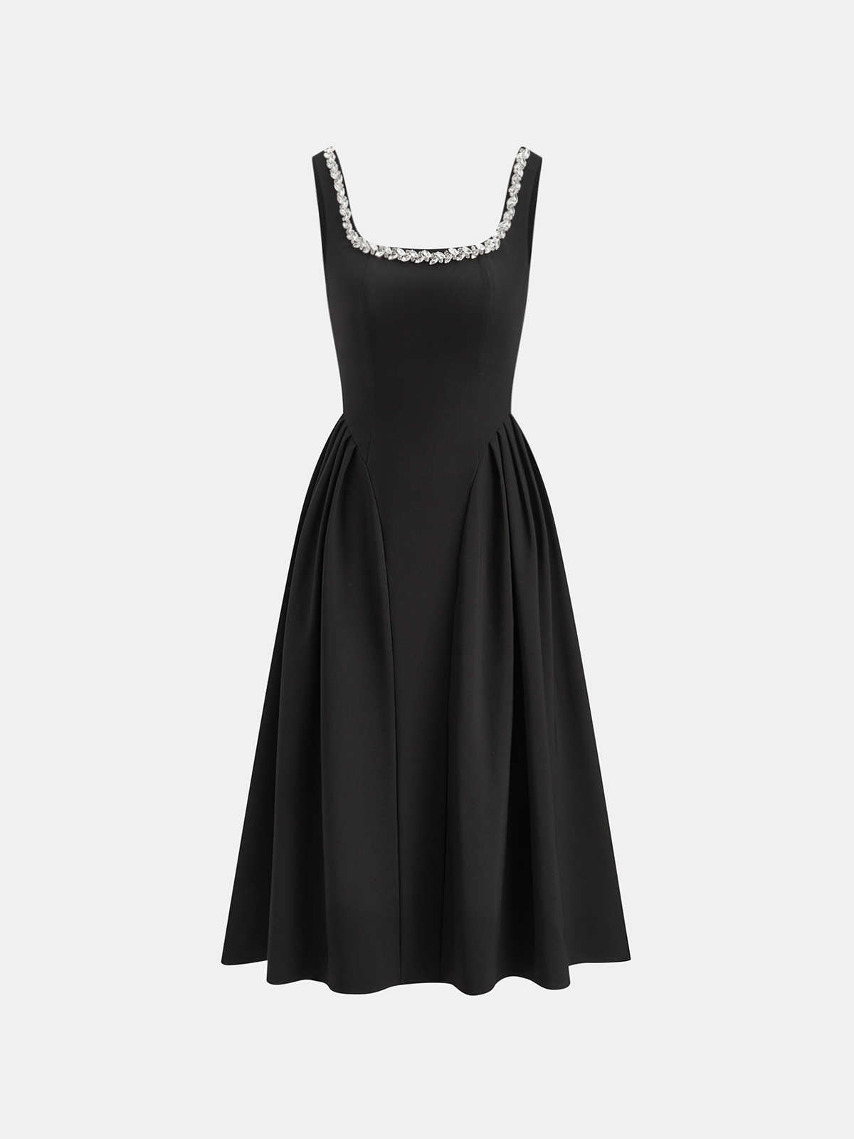 Sleeveless Square Neck Diamond Trim Flare Dress