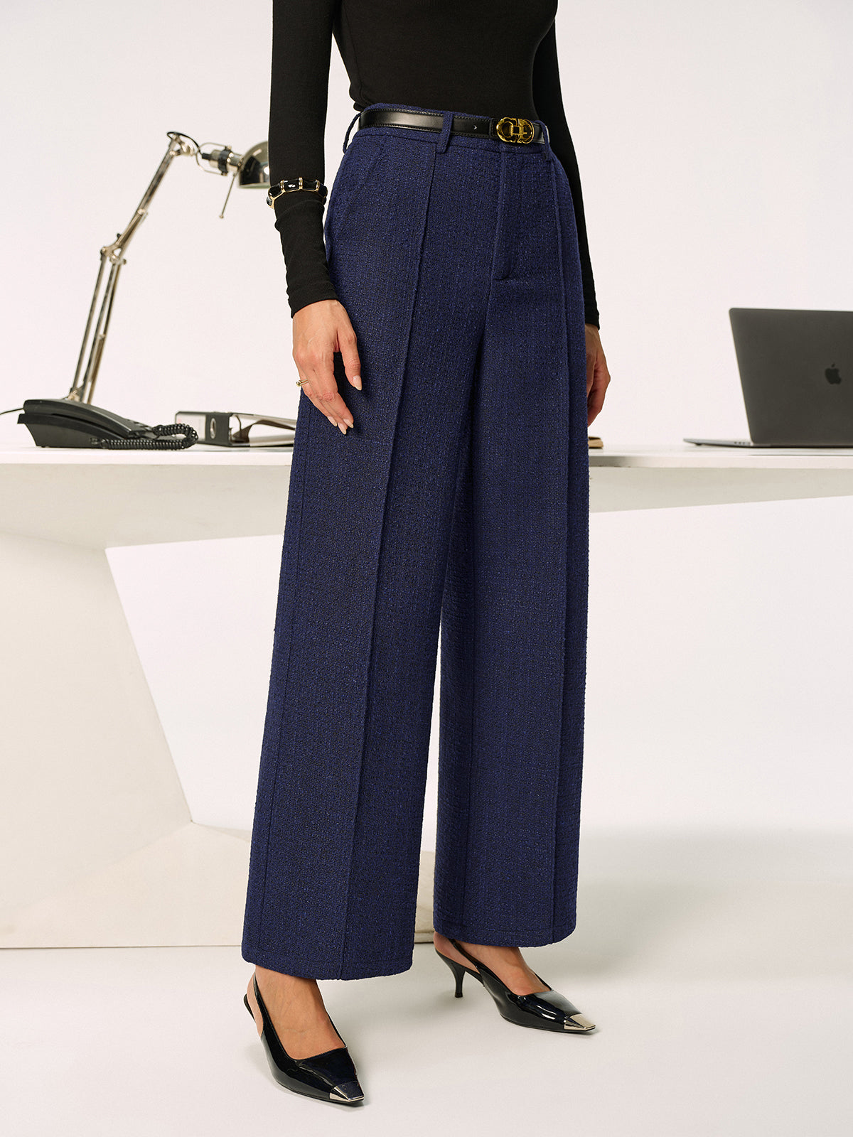 Mid-Waist Tweed Straight-Leg Pants without Belt