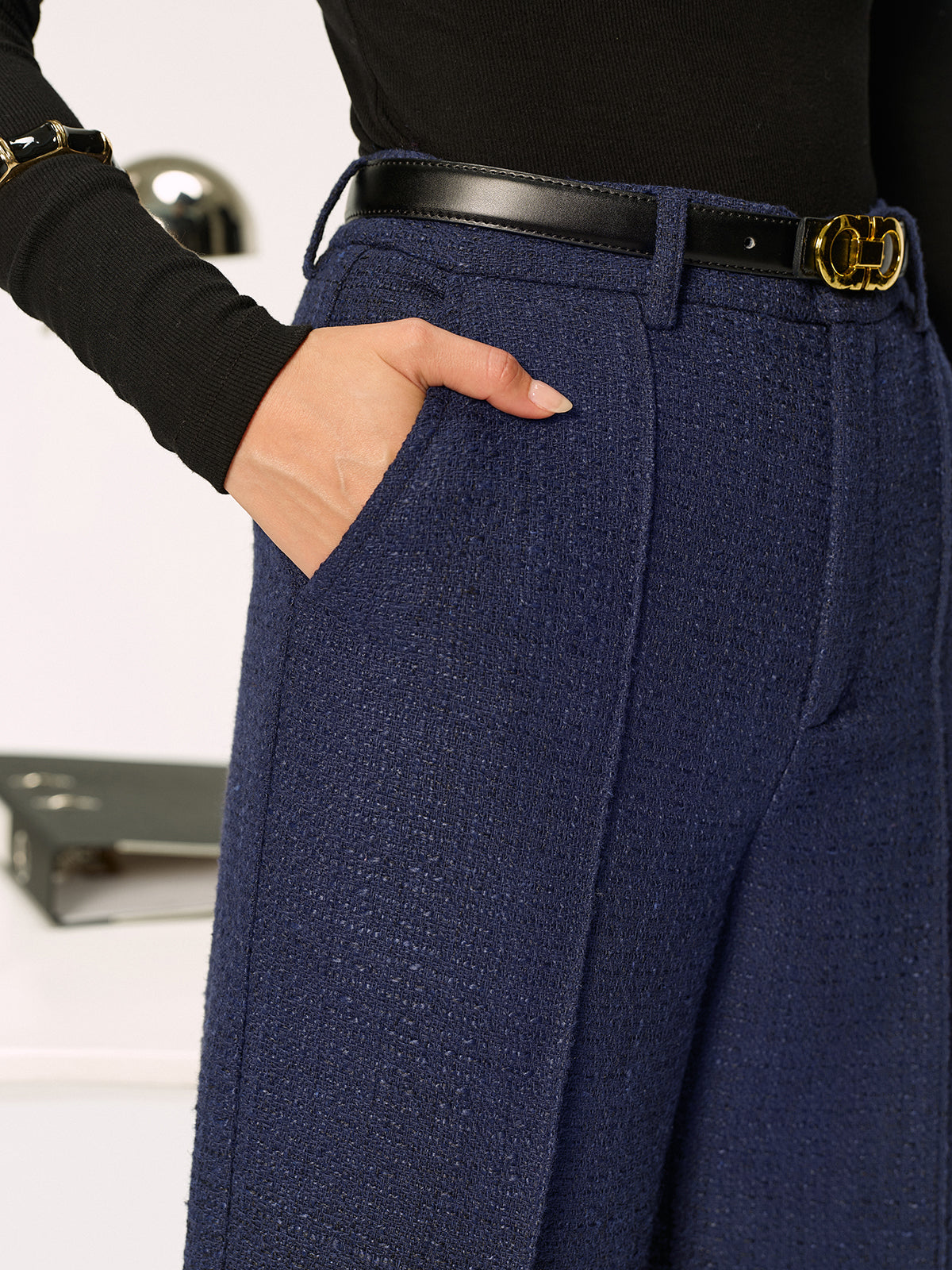 Mid-Waist Tweed Straight-Leg Pants without Belt