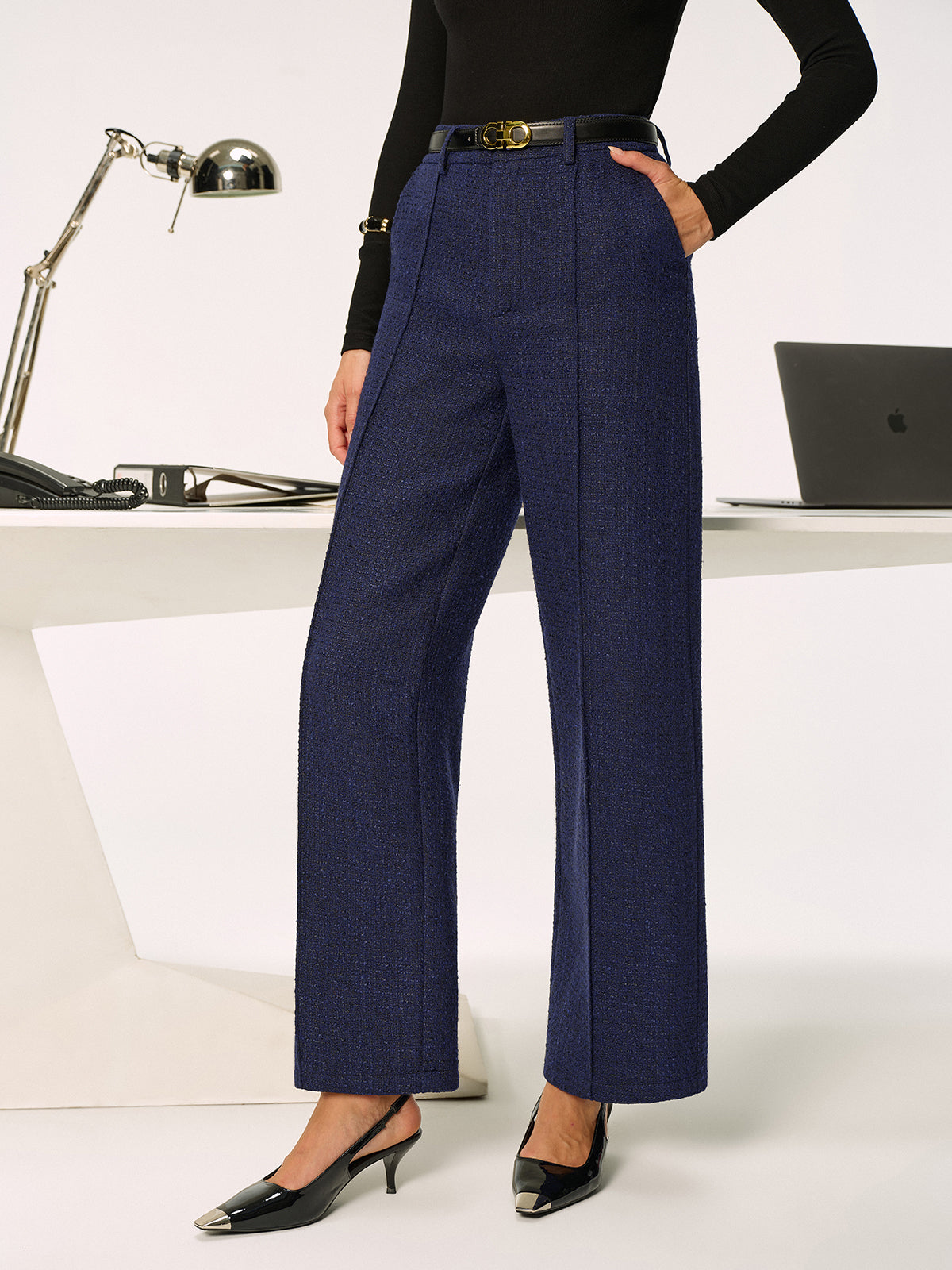 Mid-Waist Tweed Straight-Leg Pants without Belt