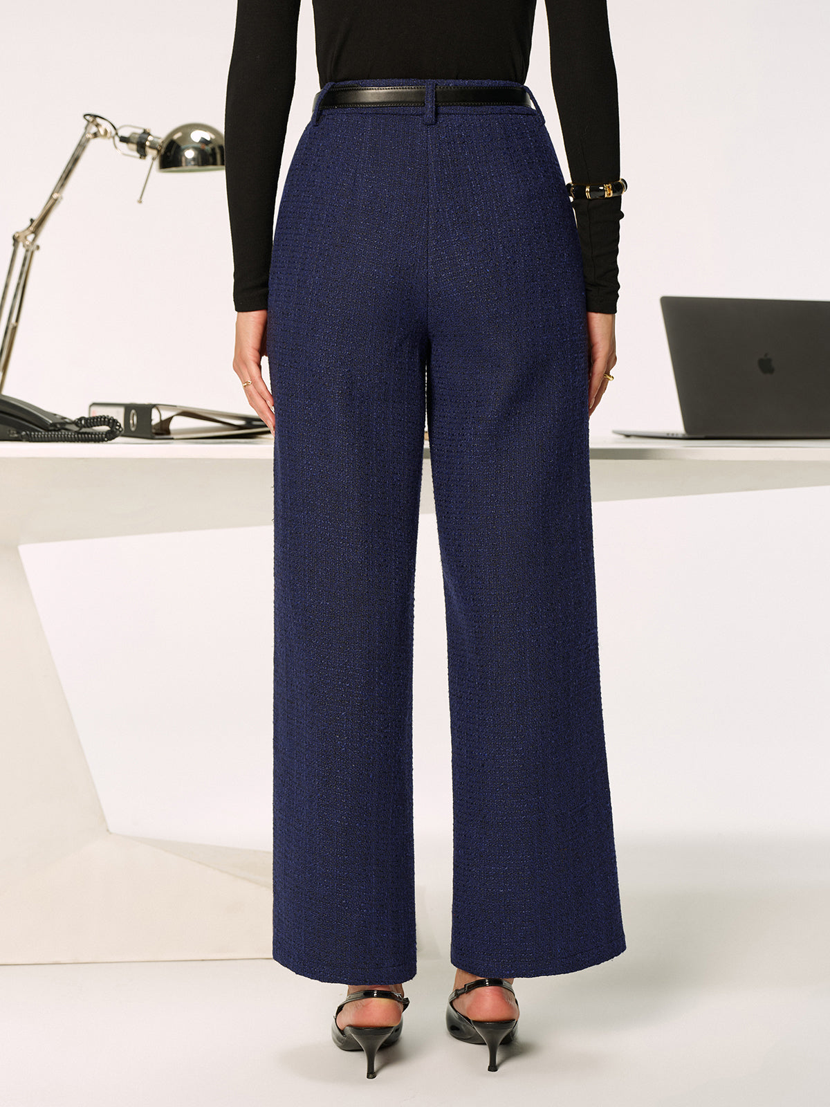 Mid-Waist Tweed Straight-Leg Pants without Belt