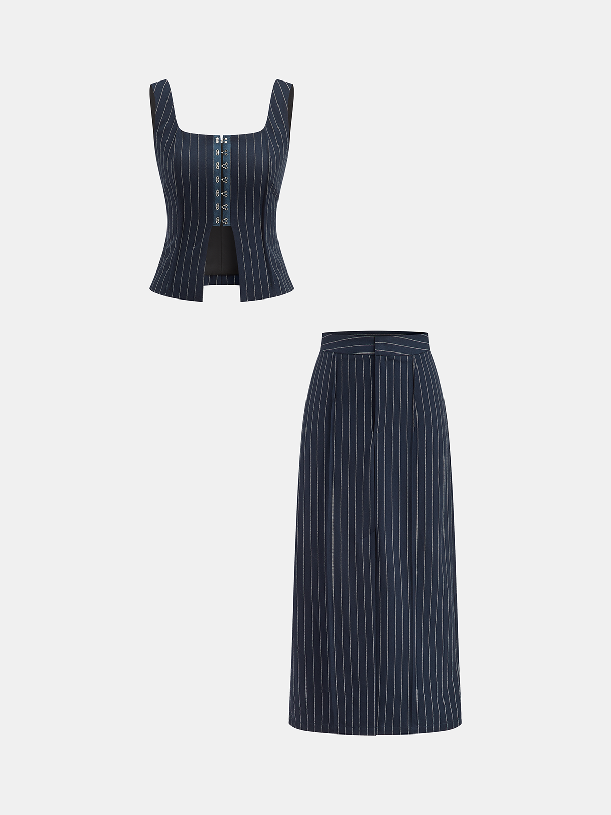 Ensemble haut et jupe rayés à agrafes