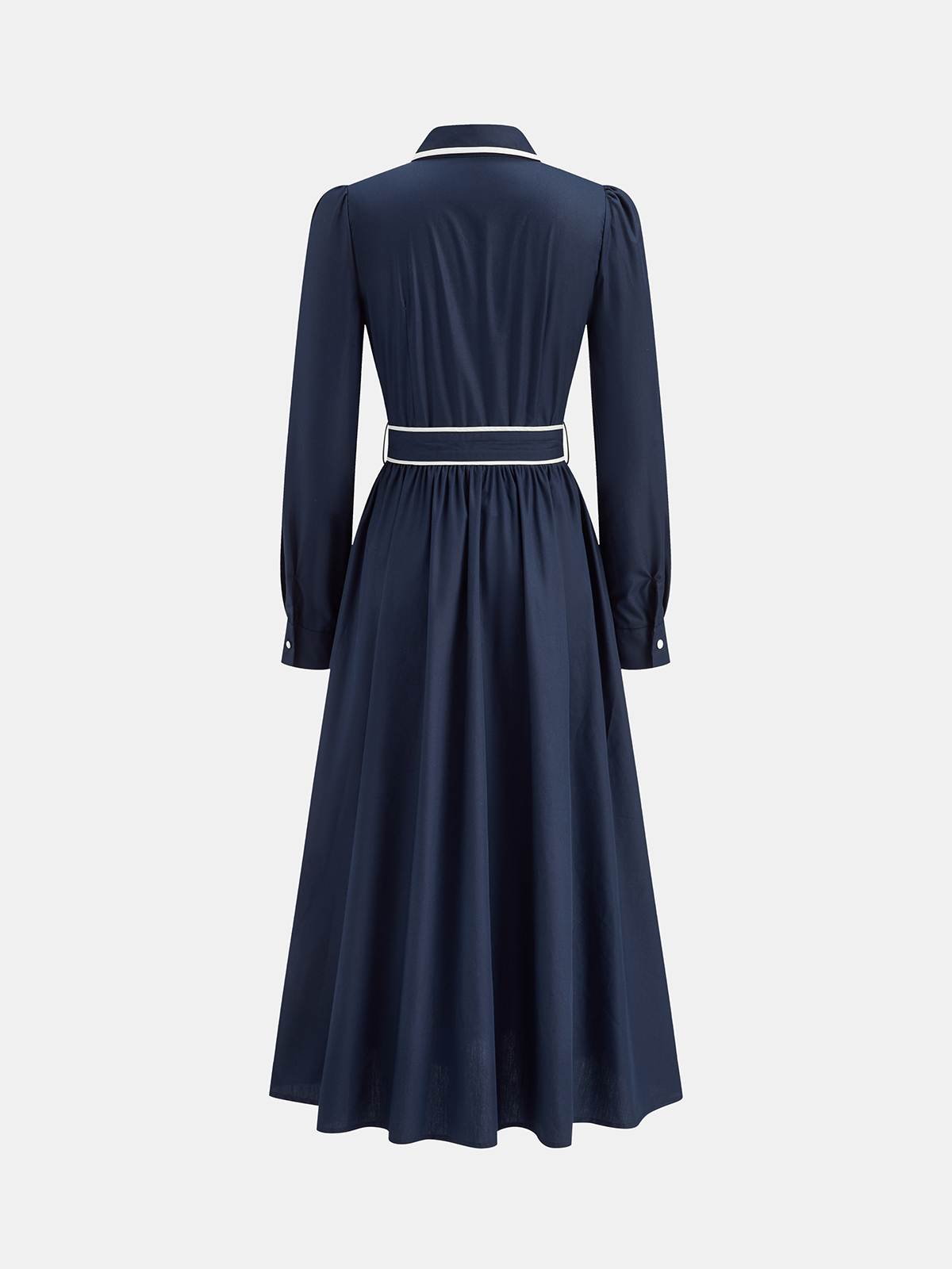 Contrast Trim Belted Pleated Shirt Dress