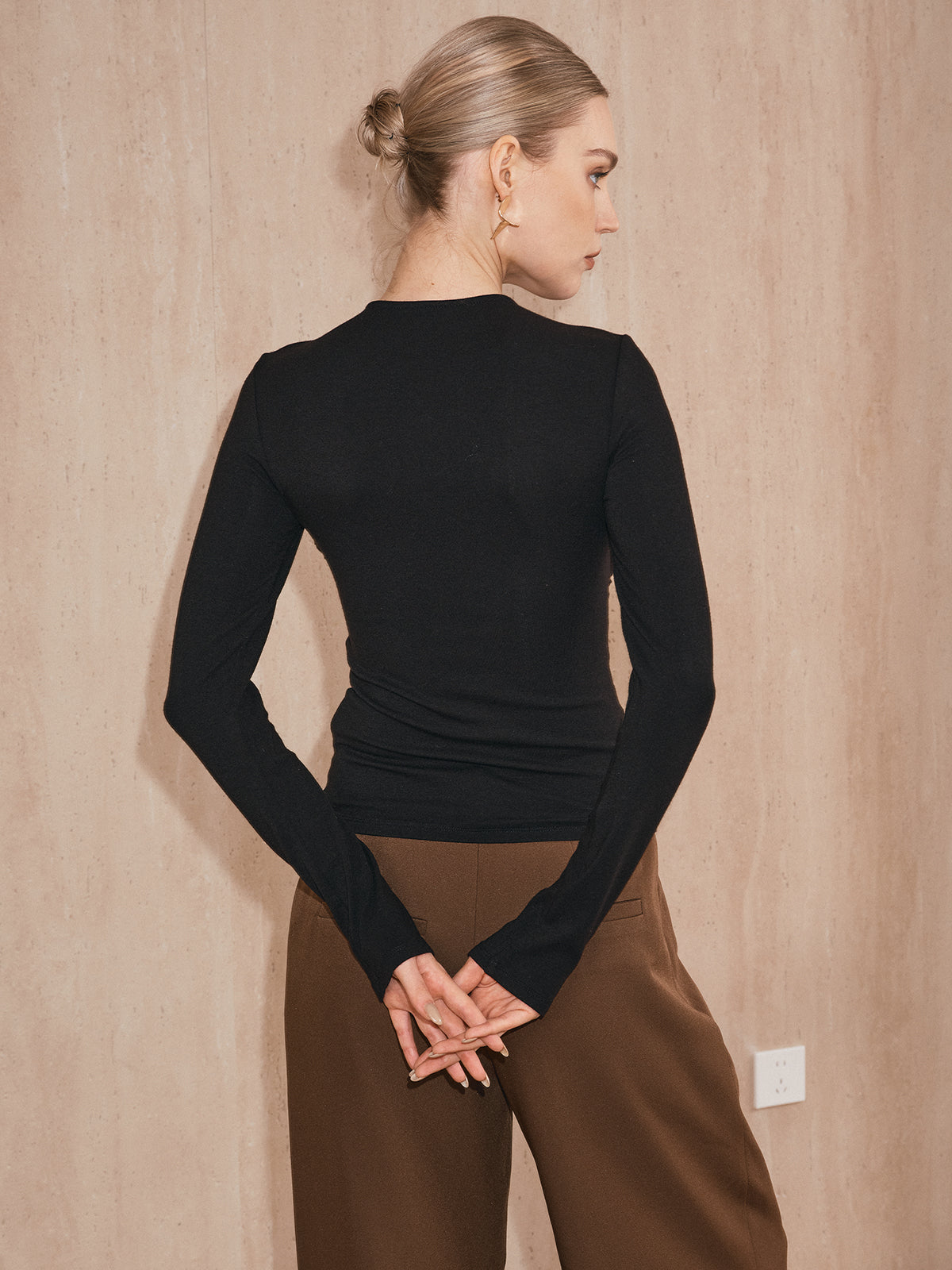 Cross-Over Front Metal Detail Long Sleeve Top