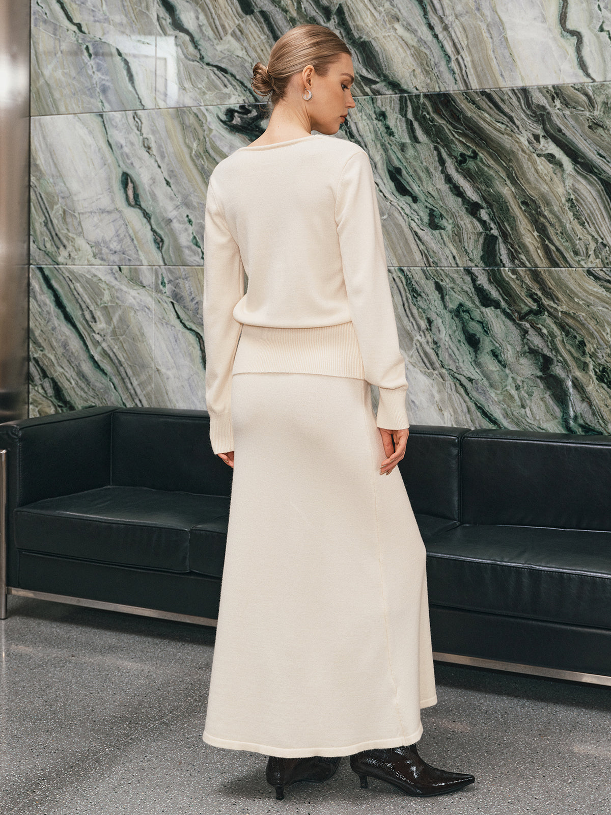 V-Neck Button-Front Knit Cardigan and Maxi Skirt Set