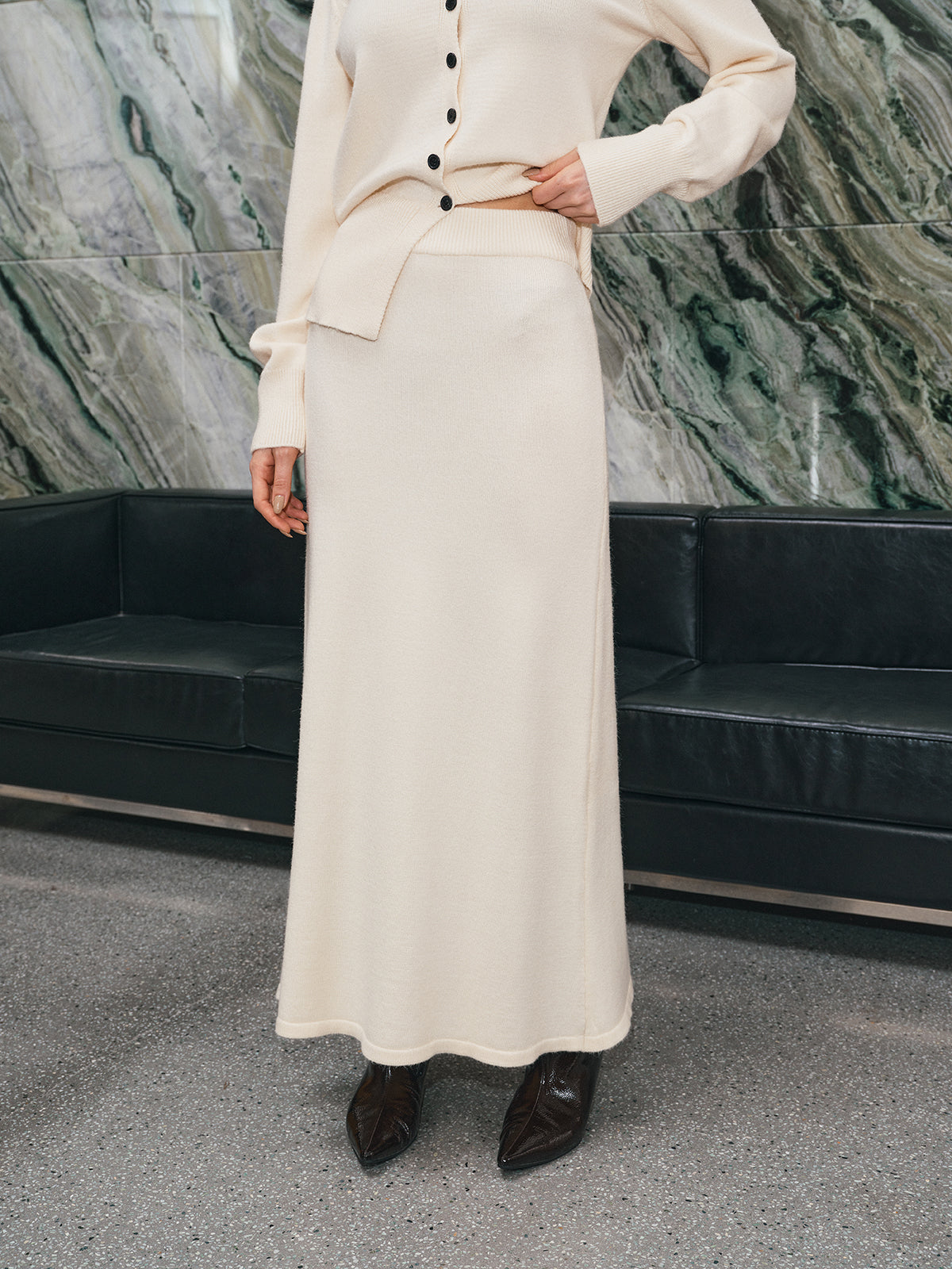 V-Neck Button-Front Knit Cardigan and Maxi Skirt Set