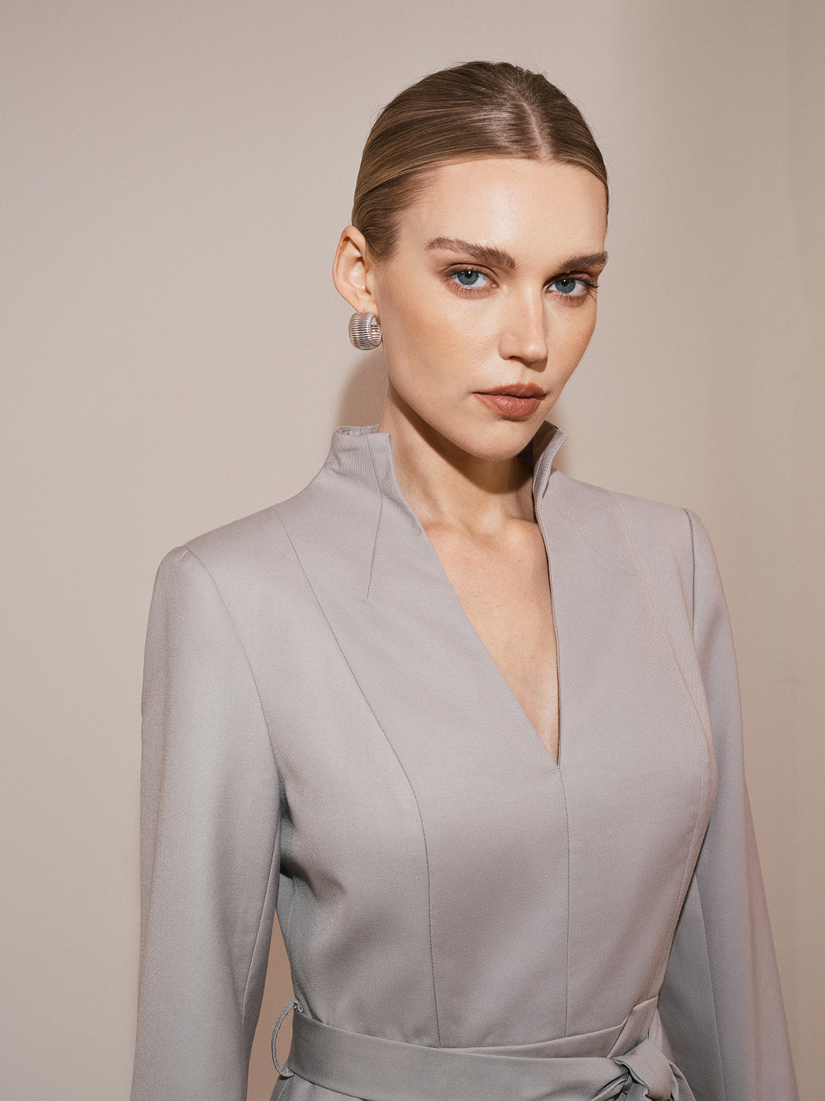 Belted V-Neck Long Sleeve Dress