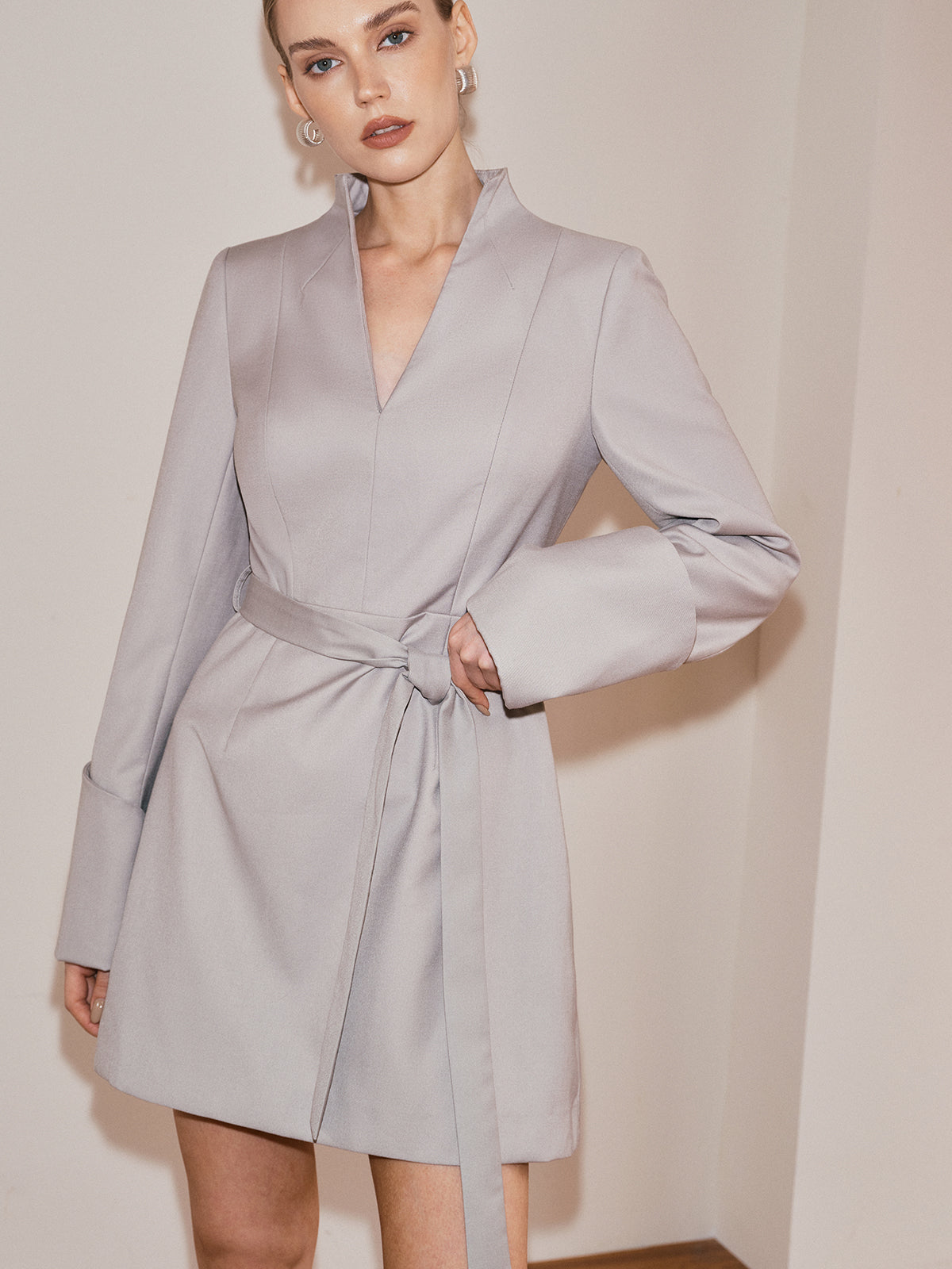 Gürtelkleid mit V-Ausschnitt und langen Ärmeln