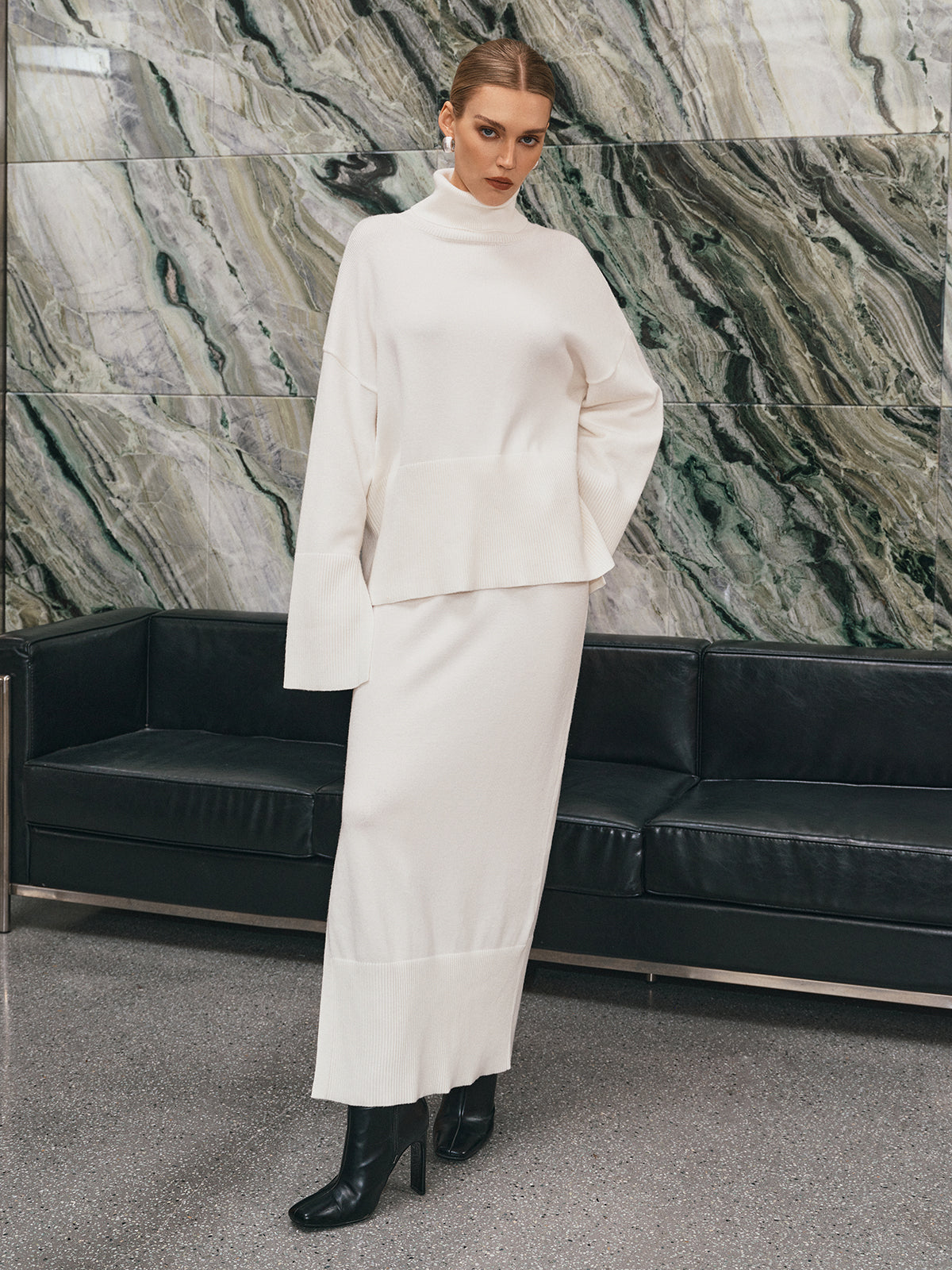 Oversized Turtleneck Knit Top and Maxi Skirt Set