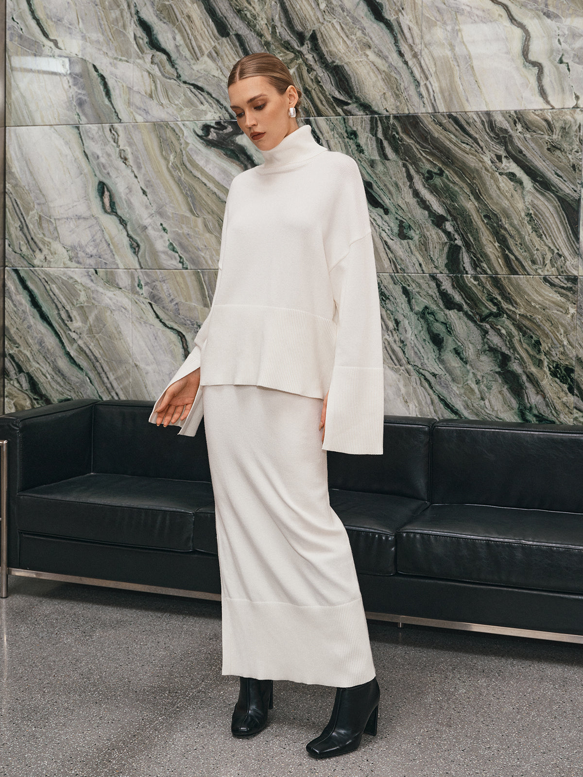 Oversized Turtleneck Knit Top and Maxi Skirt Set