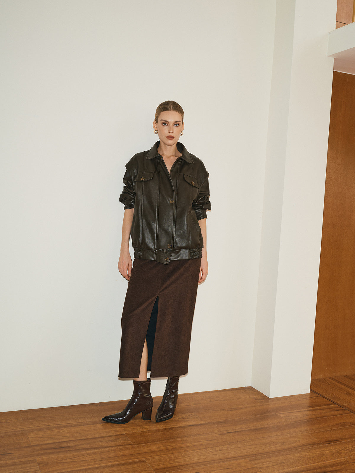 Lapel PU Leather Jacket