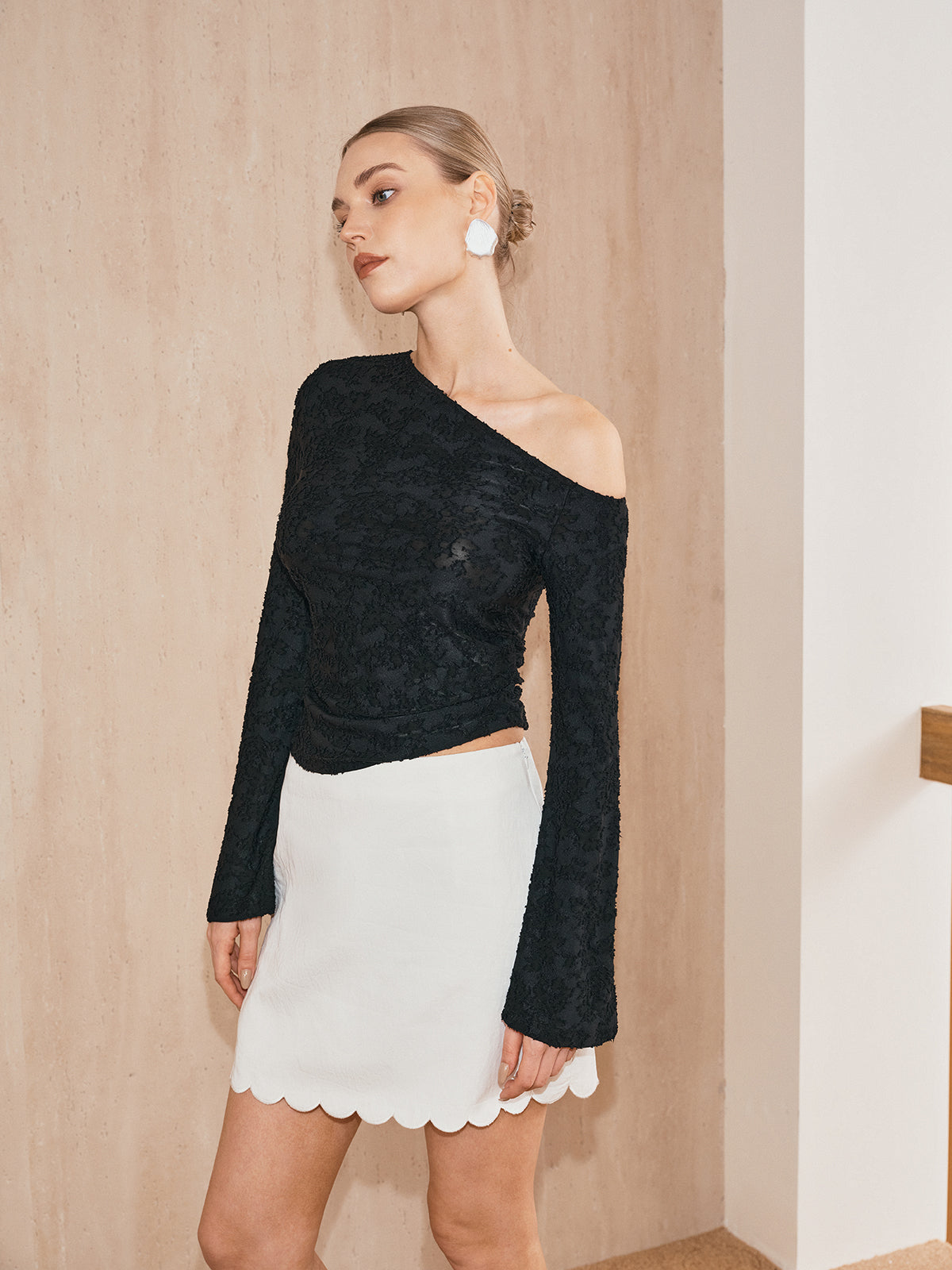 One-Shoulder Textured Jacquard Semi-Sheer Top