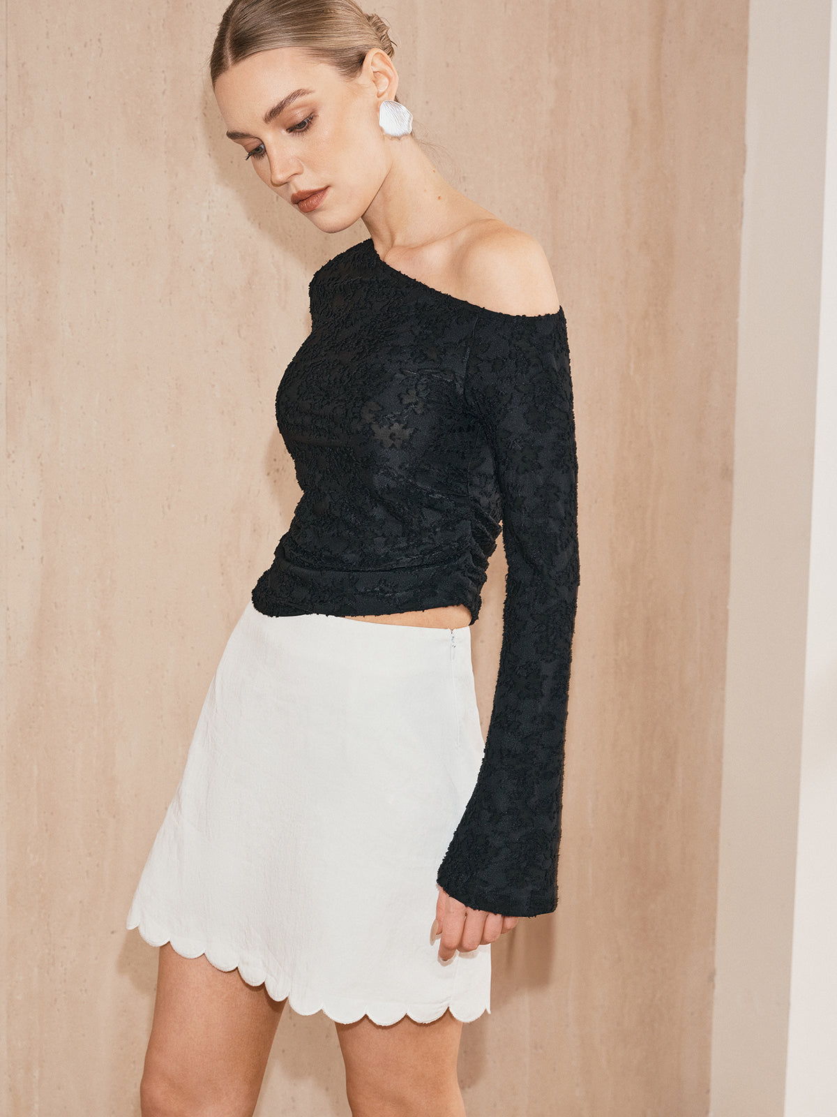 One-Shoulder Textured Jacquard Semi-Sheer Top