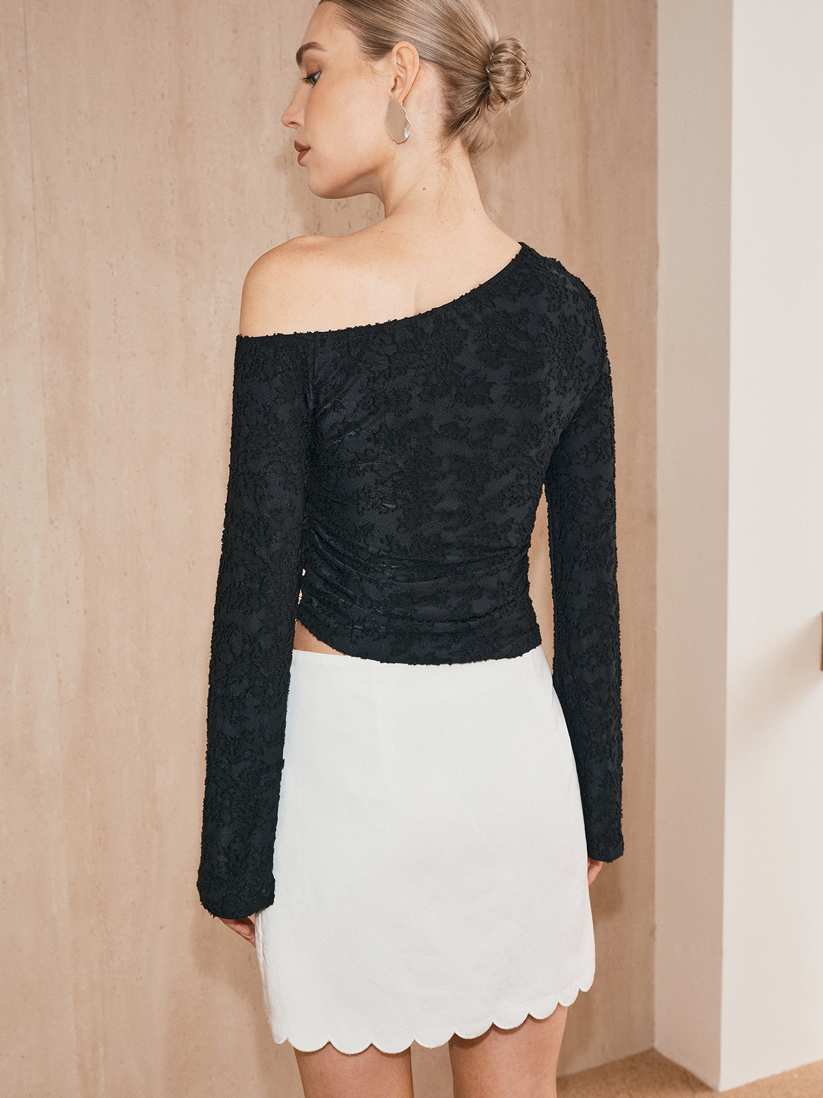One-Shoulder Textured Jacquard Semi-Sheer Top
