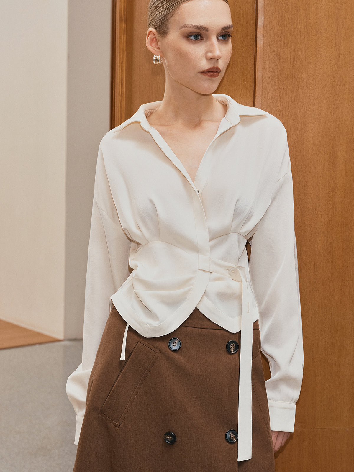 Long Sleeve Wrap-Tie Waist Shirt