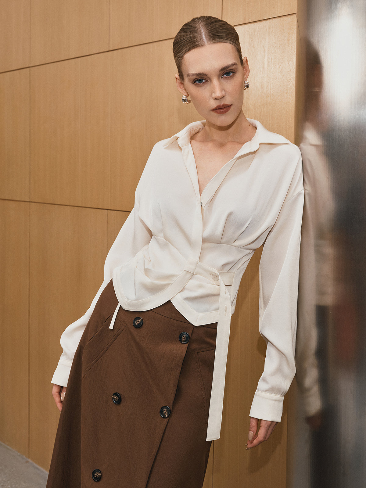 Long Sleeve Wrap-Tie Waist Shirt