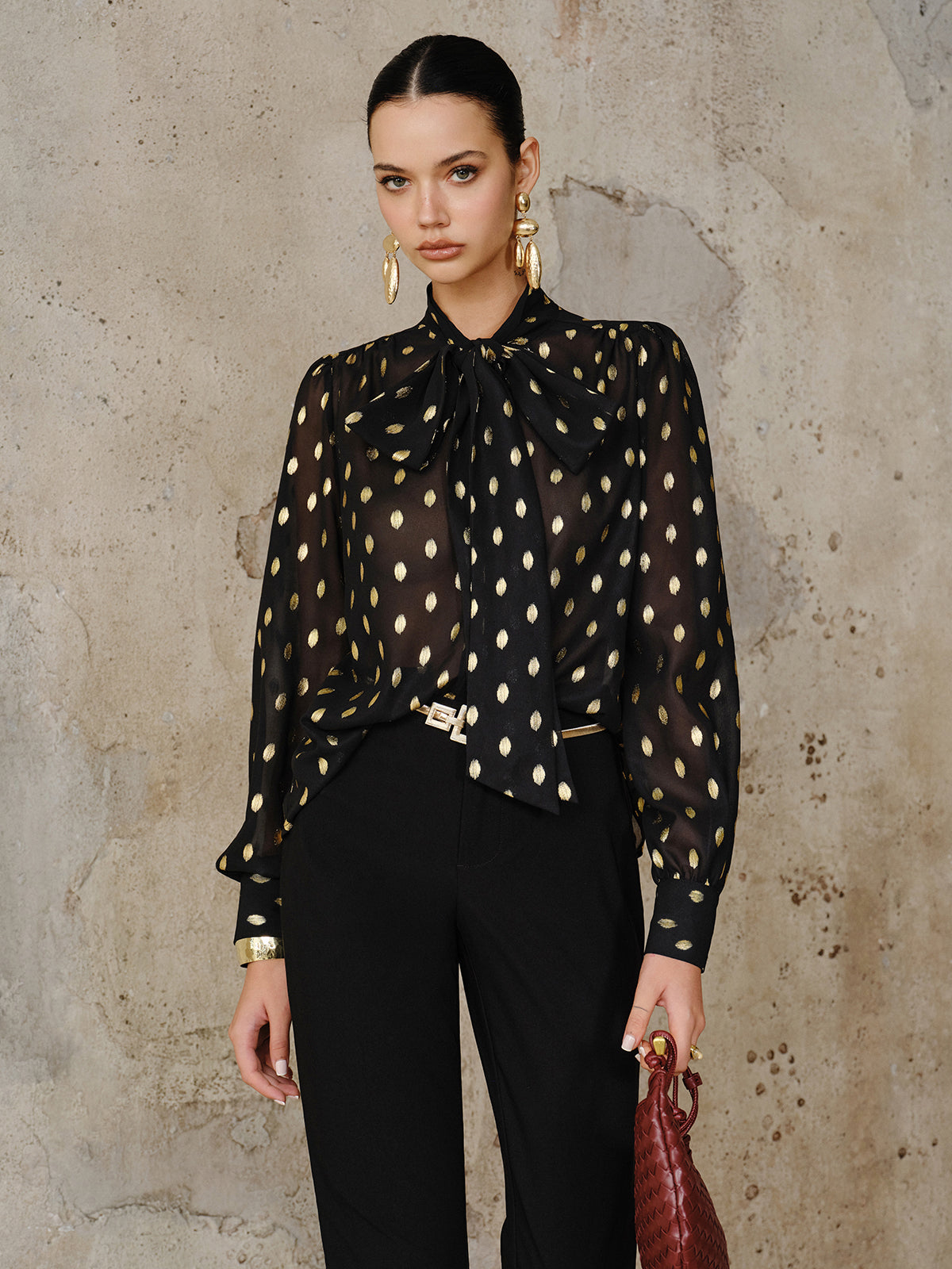 Polka Dot Bow Neckline Semi-Sheer Blouse