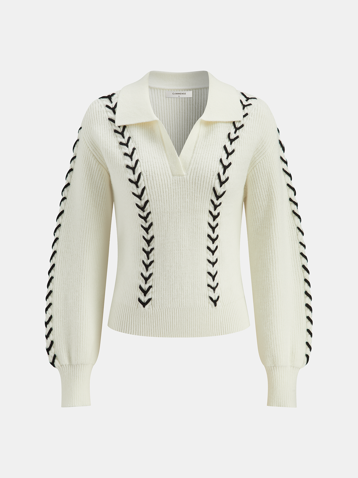 Contrast Stitching Polo Neck Cable Knit Top
