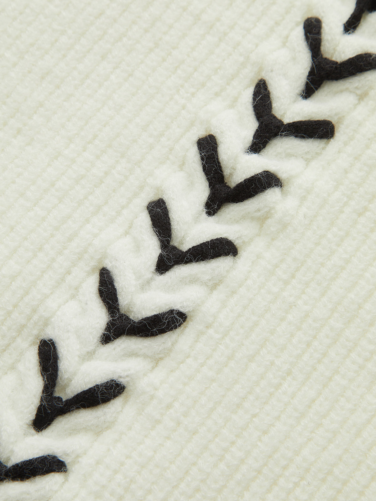 Contrast Stitching Polo Neck Cable Knit Top