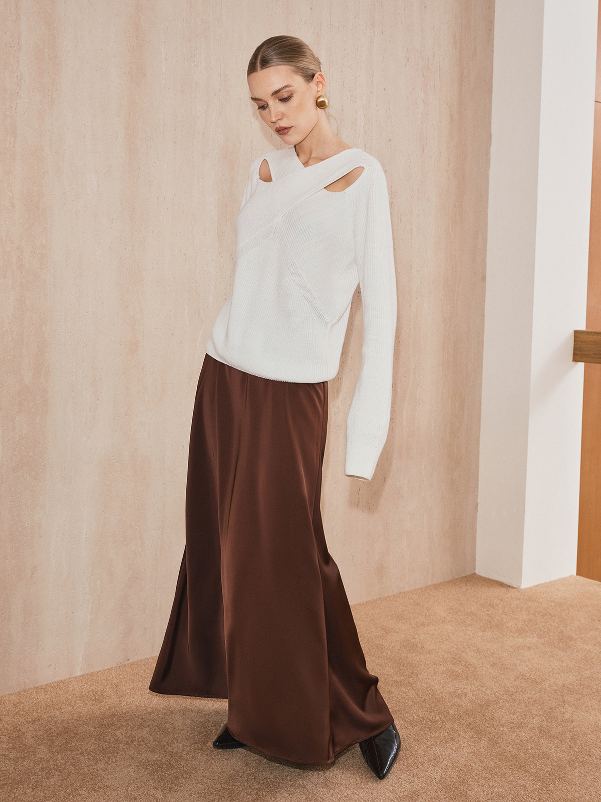 Cross-Over Collar Cut-Out Knit Sweater