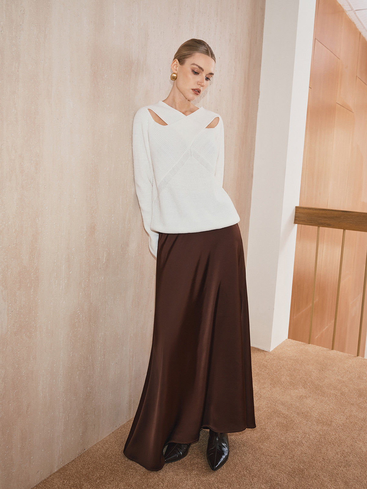 Cross-Over Collar Cut-Out Knit Sweater