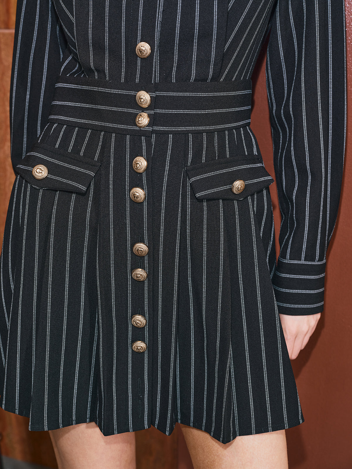 Metal Button Pinstripe Shirt Dress