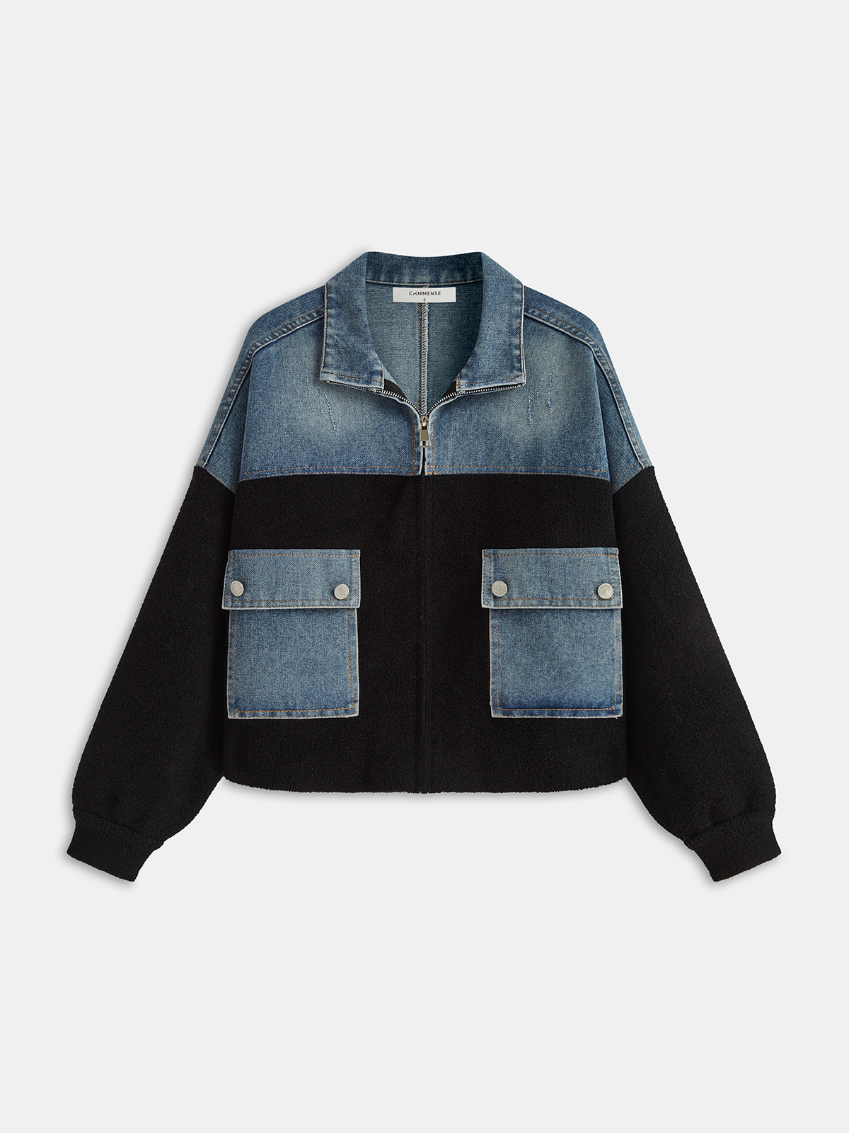 Zipper Denim Panel Knit Outerwear