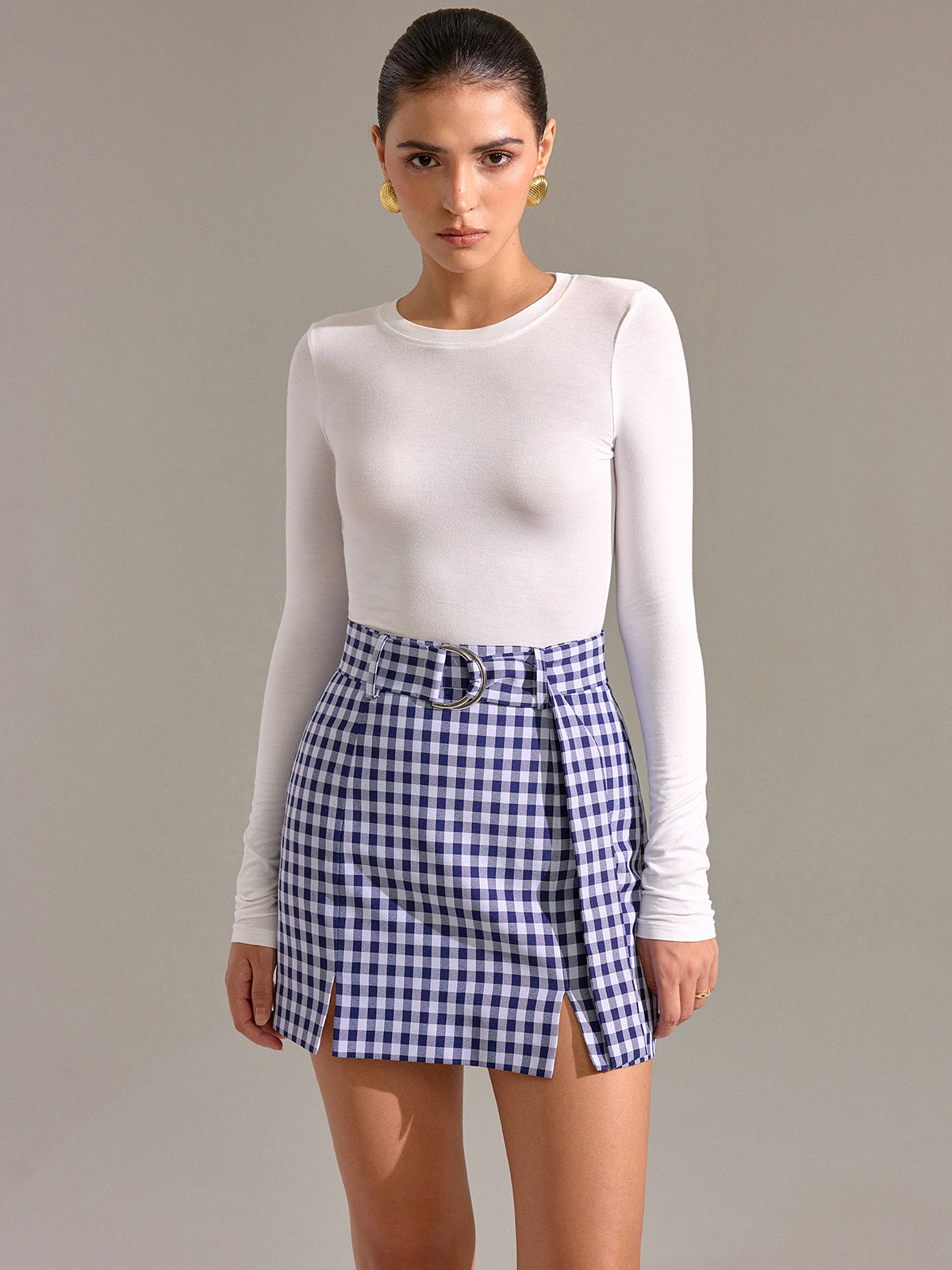 Gürtel-Minirock im Vintage-Gingham-Muster mit Schlitz