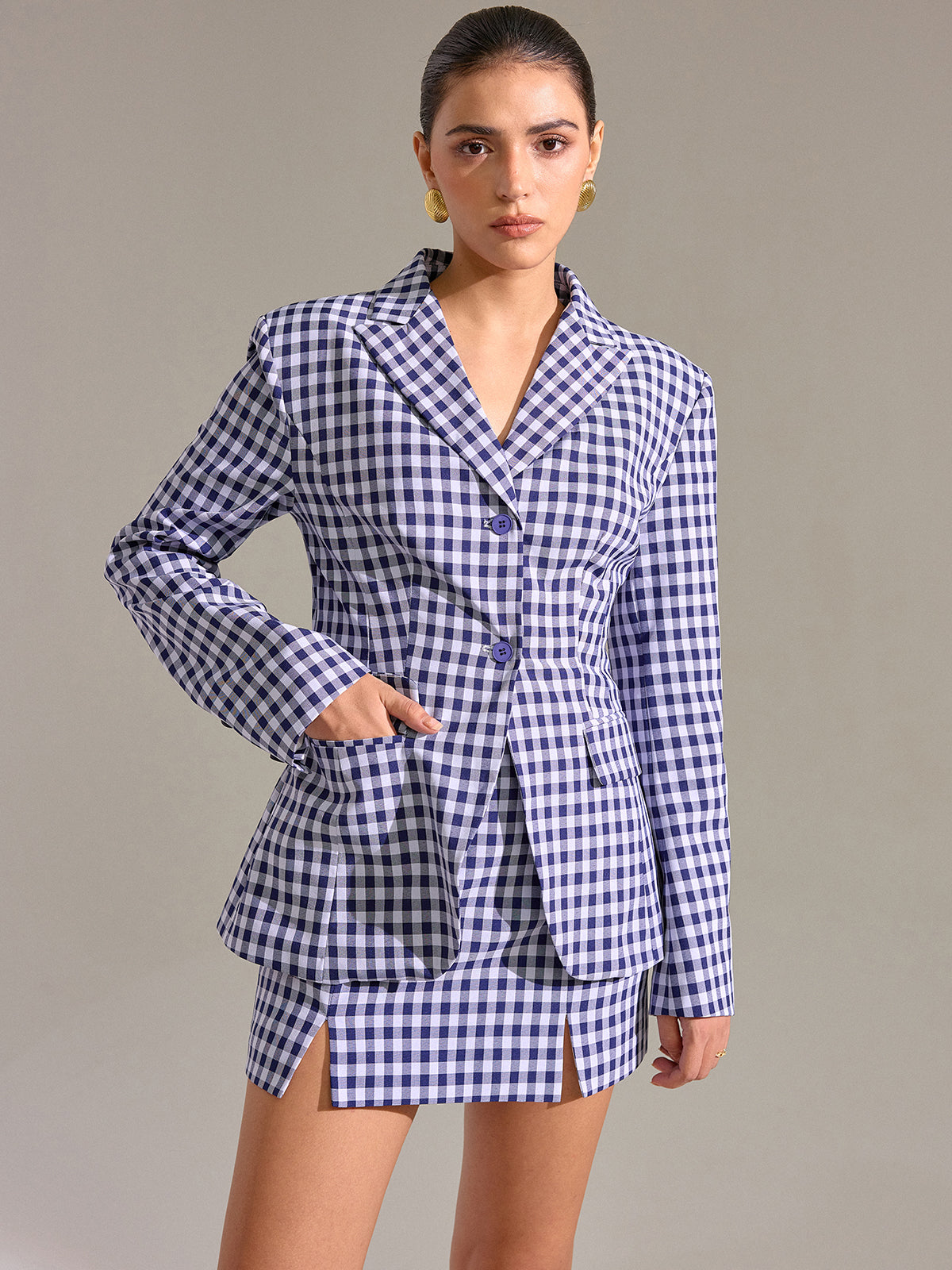 Blazer à carreaux vichy vintage avec poches