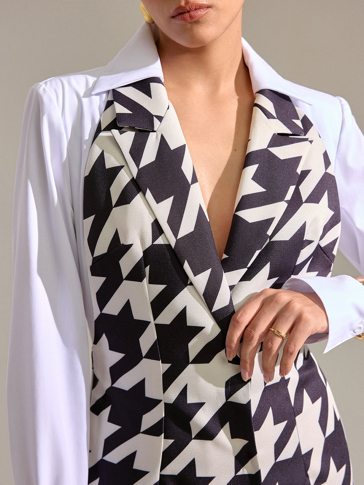 Houndstooth Shirt-Paneled Mini Dress