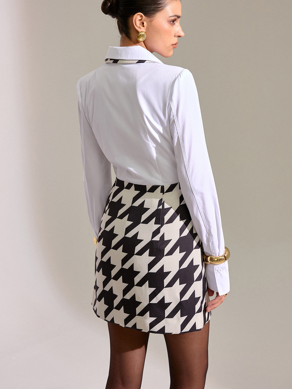 Houndstooth Shirt-Paneled Mini Dress